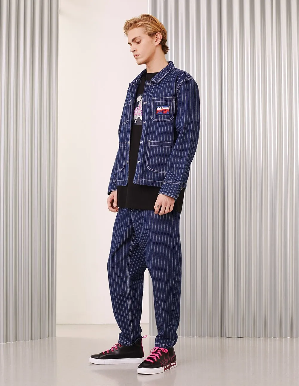 MARK FAST Men Striped Pattern Mid-Washed Denim Jacket
