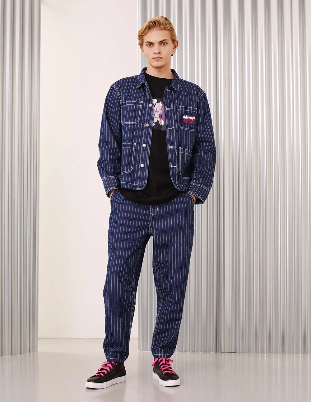 MARK FAST Men Striped Pattern Mid-Washed Denim Jacket