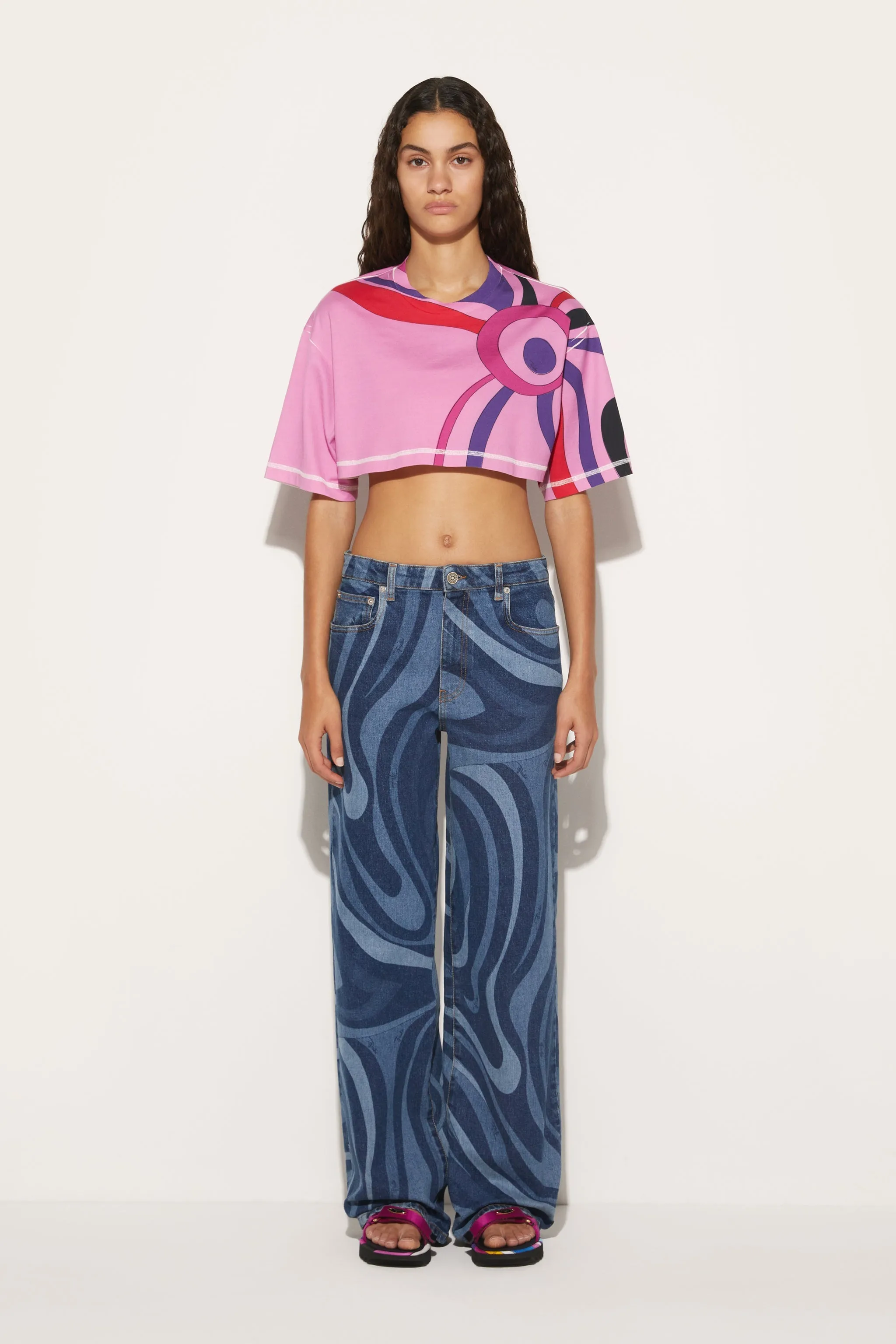 Marmo-Print Cropped Cotton T-Shirt