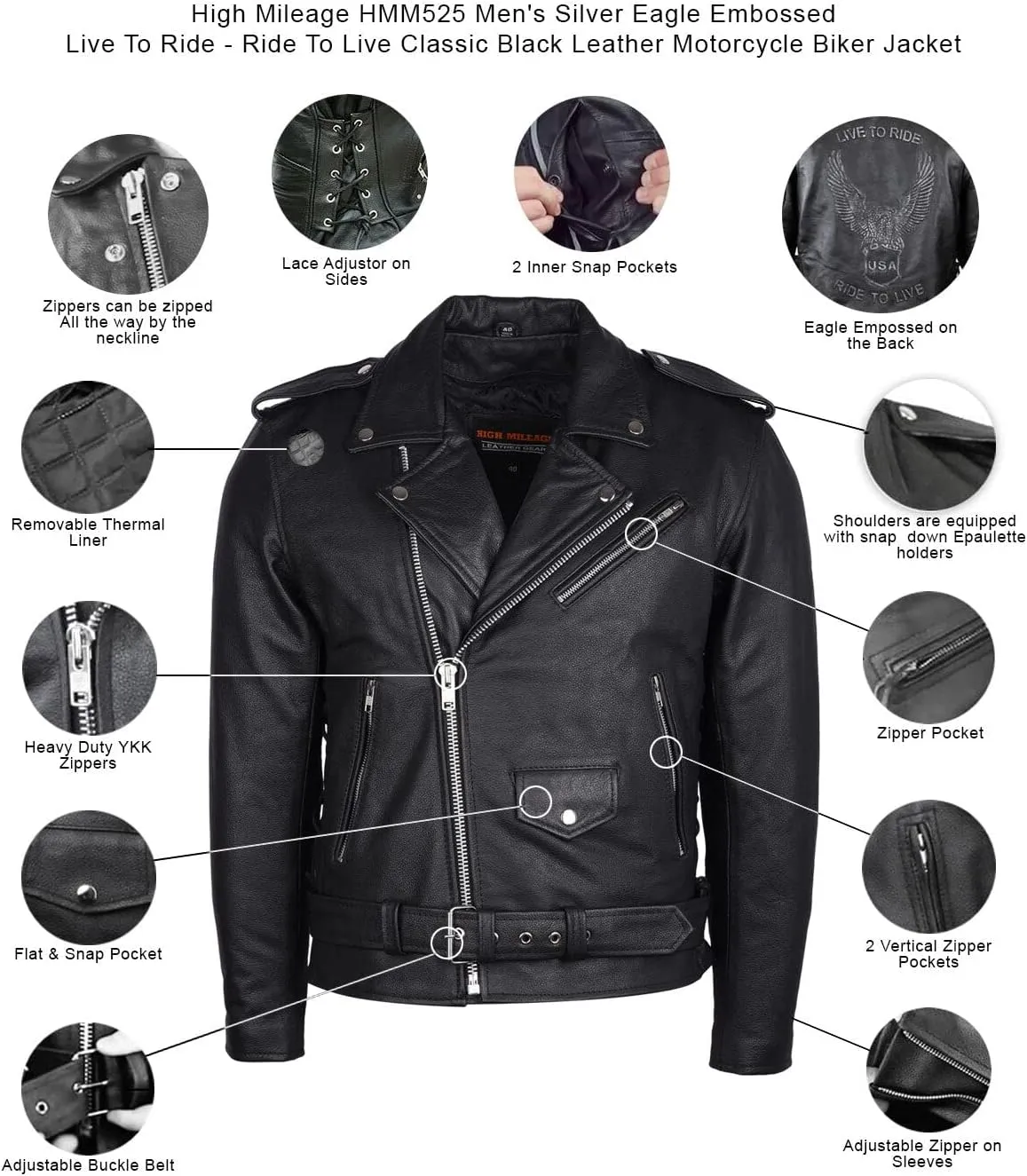 Men's Eagle Embossed Live To Ride - Ride To Live Classic Black Leather Motorcycle Biker Jacket