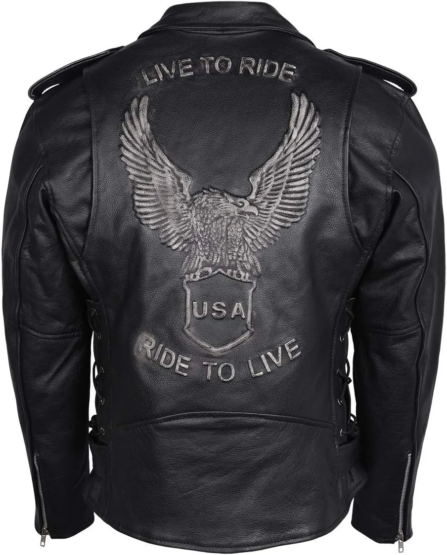 Men's Eagle Embossed Live To Ride - Ride To Live Classic Black Leather Motorcycle Biker Jacket