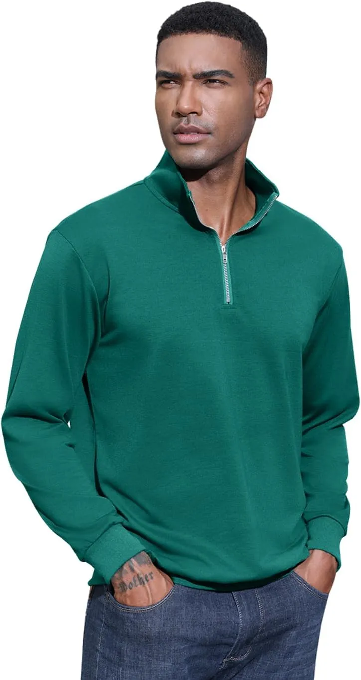 Men's Fashion Quarter Zip Pullover Casual Long Sleeve Sweatshirts Mock Neck Cotton Solid Zip Up Polo Shirts