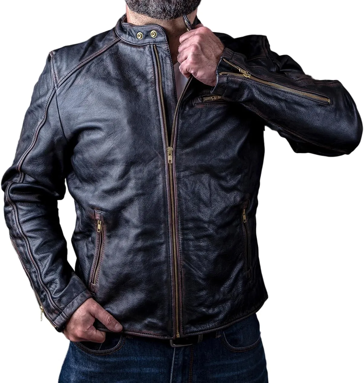Men's Leather Jacket - Vintage Black Distressed - Genuine Cowhide - Vinci