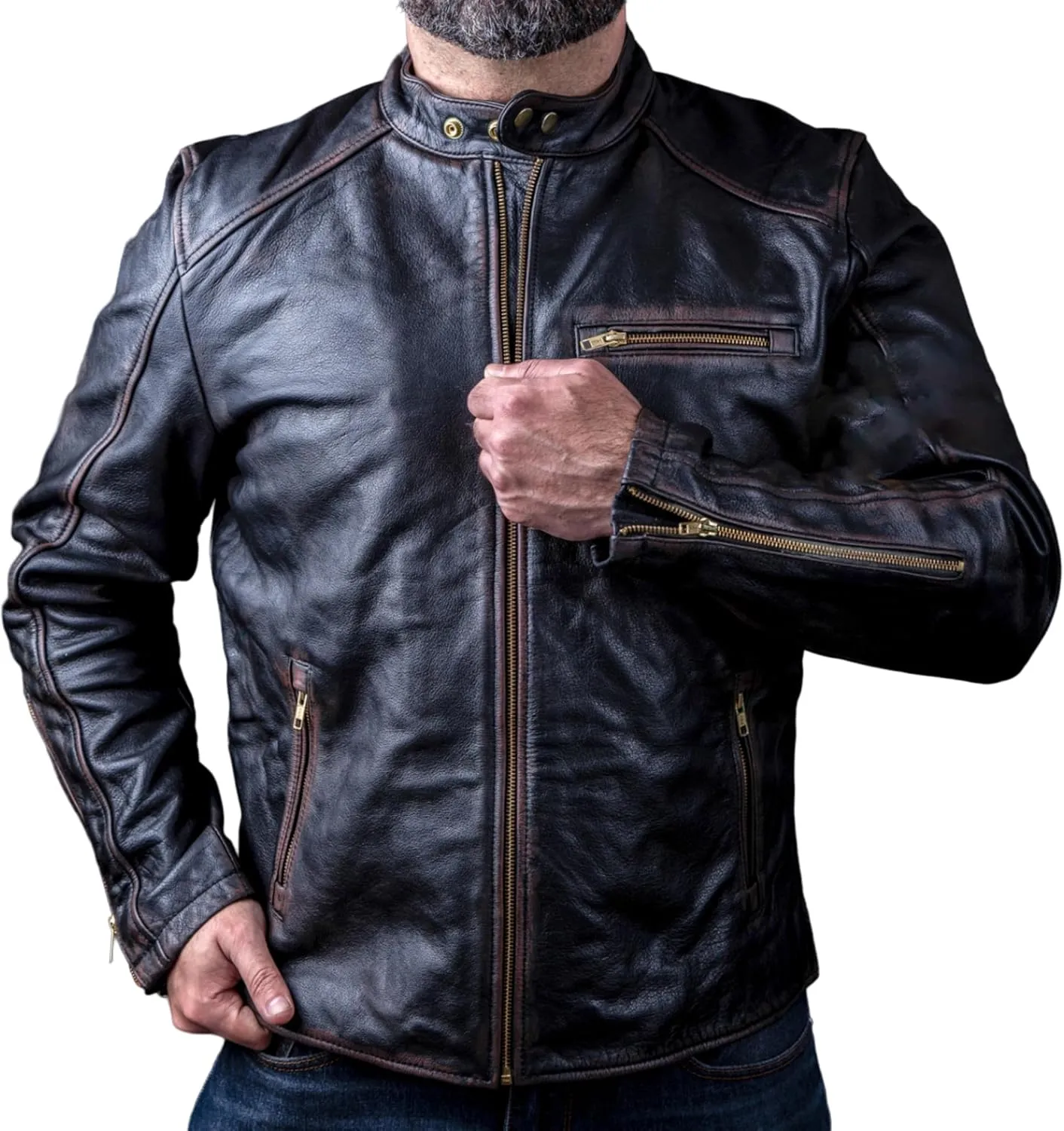 Men's Leather Jacket - Vintage Black Distressed - Genuine Cowhide - Vinci