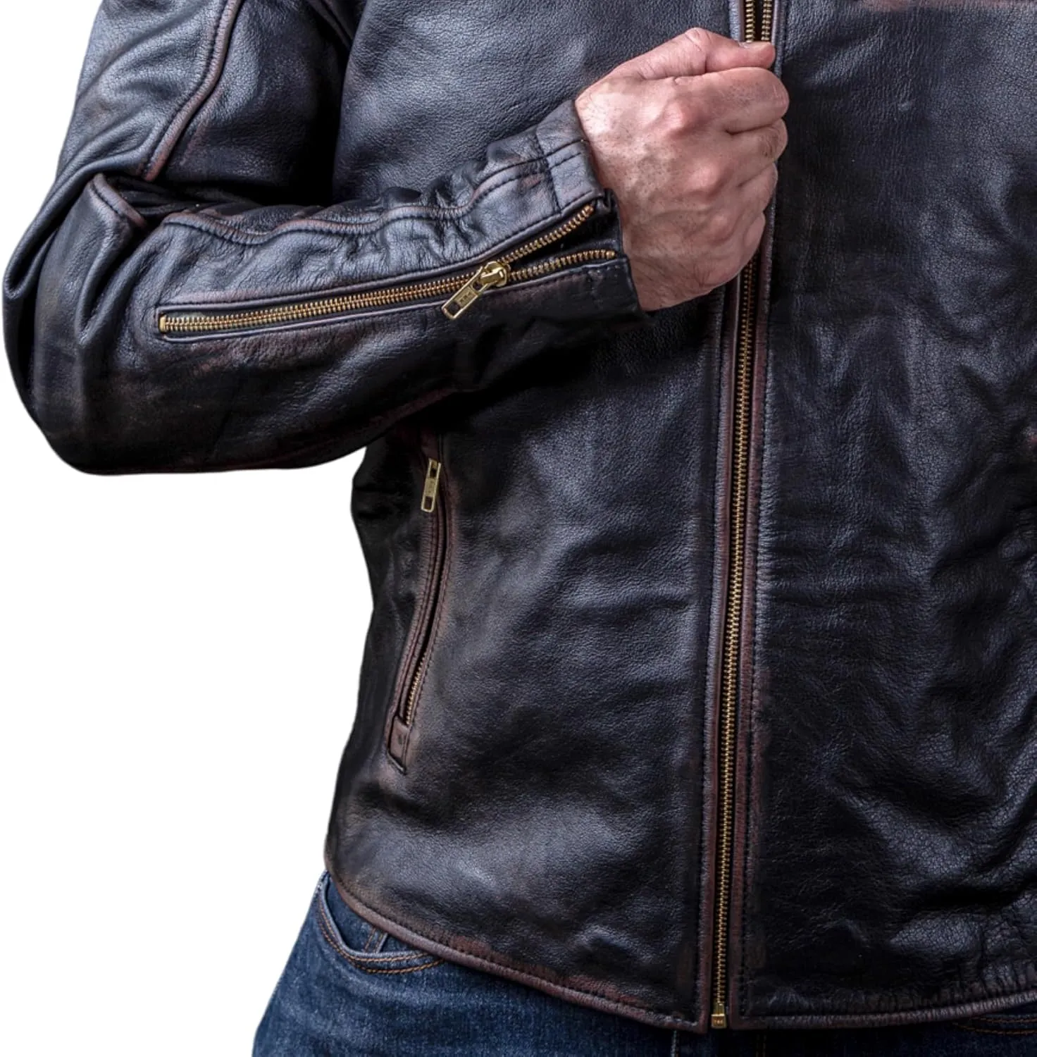 Men's Leather Jacket - Vintage Black Distressed - Genuine Cowhide - Vinci