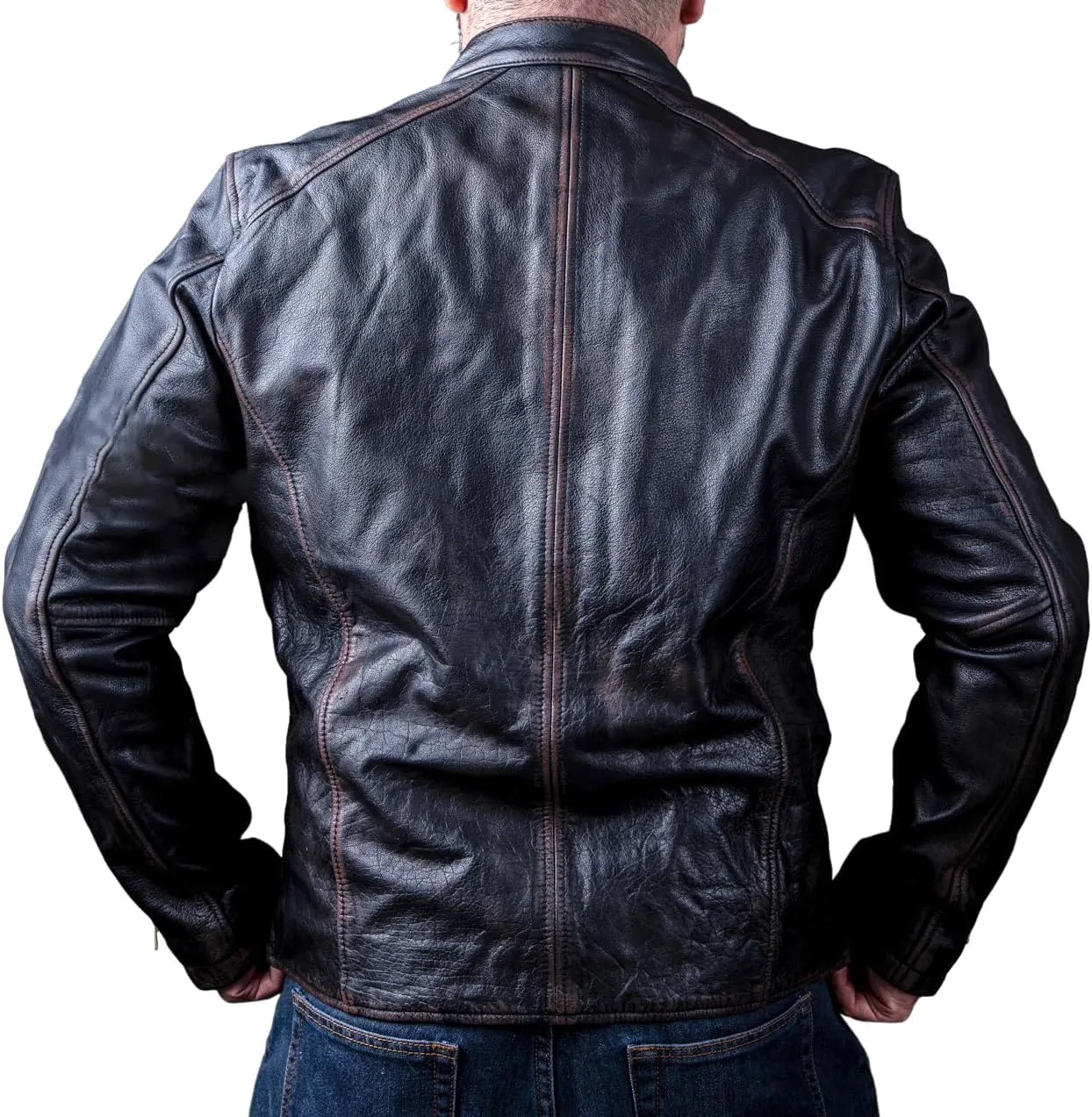 Men's Leather Jacket - Vintage Black Distressed - Genuine Cowhide - Vinci