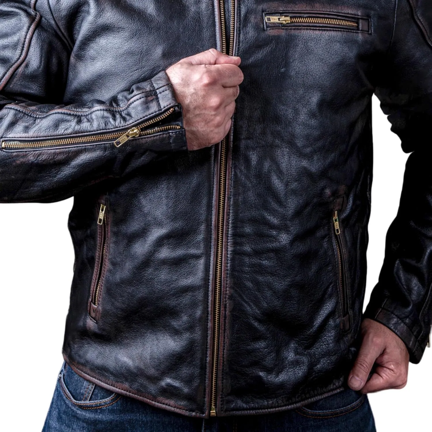 Men's Leather Jacket - Vintage Black Distressed - Genuine Cowhide - Vinci