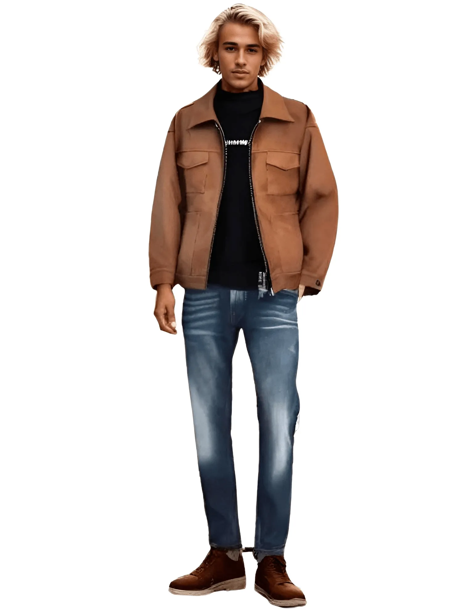 Mens Vintage Suede High Street Zipper Lapel Casual Short Jacket