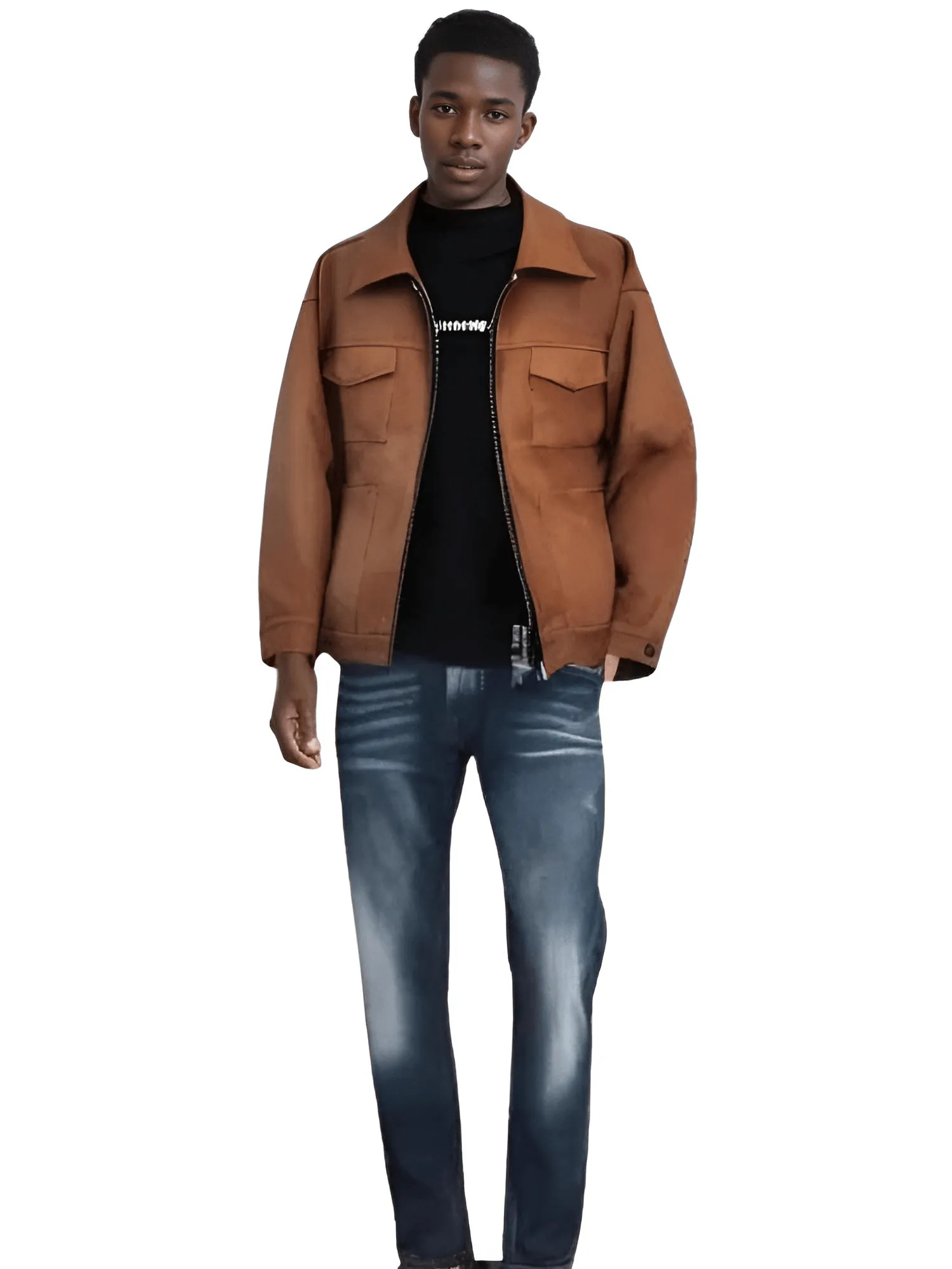Mens Vintage Suede High Street Zipper Lapel Casual Short Jacket
