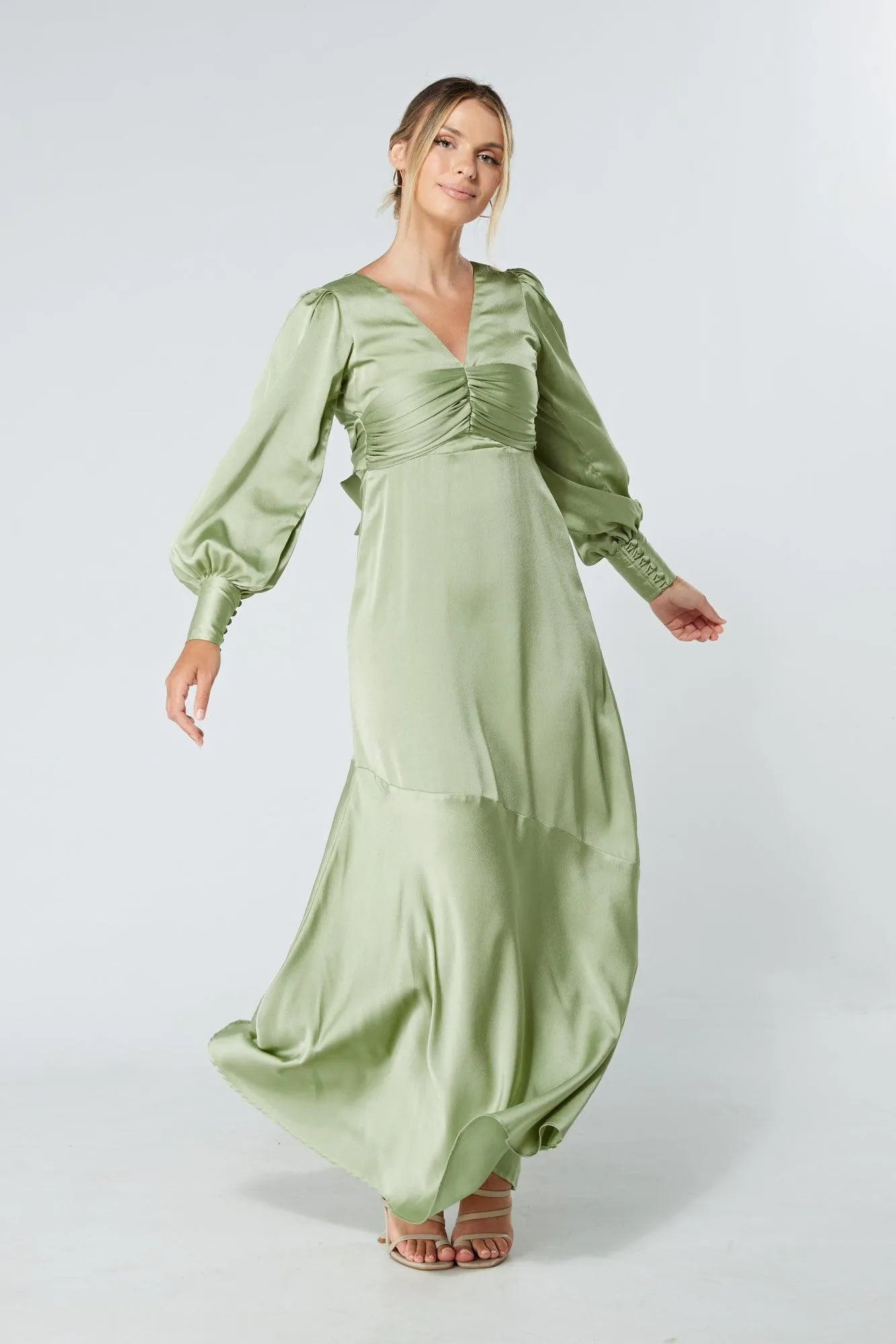Naomi Olive Green Light Satin-Crepe Maxi Dress With Long Sleeves