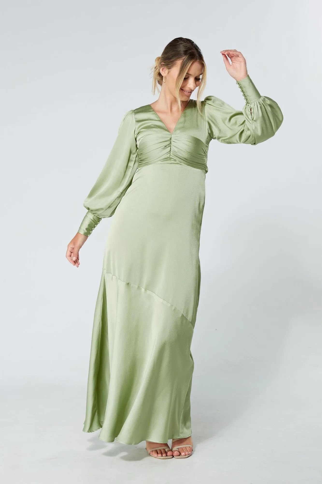 Naomi Olive Green Light Satin-Crepe Maxi Dress With Long Sleeves