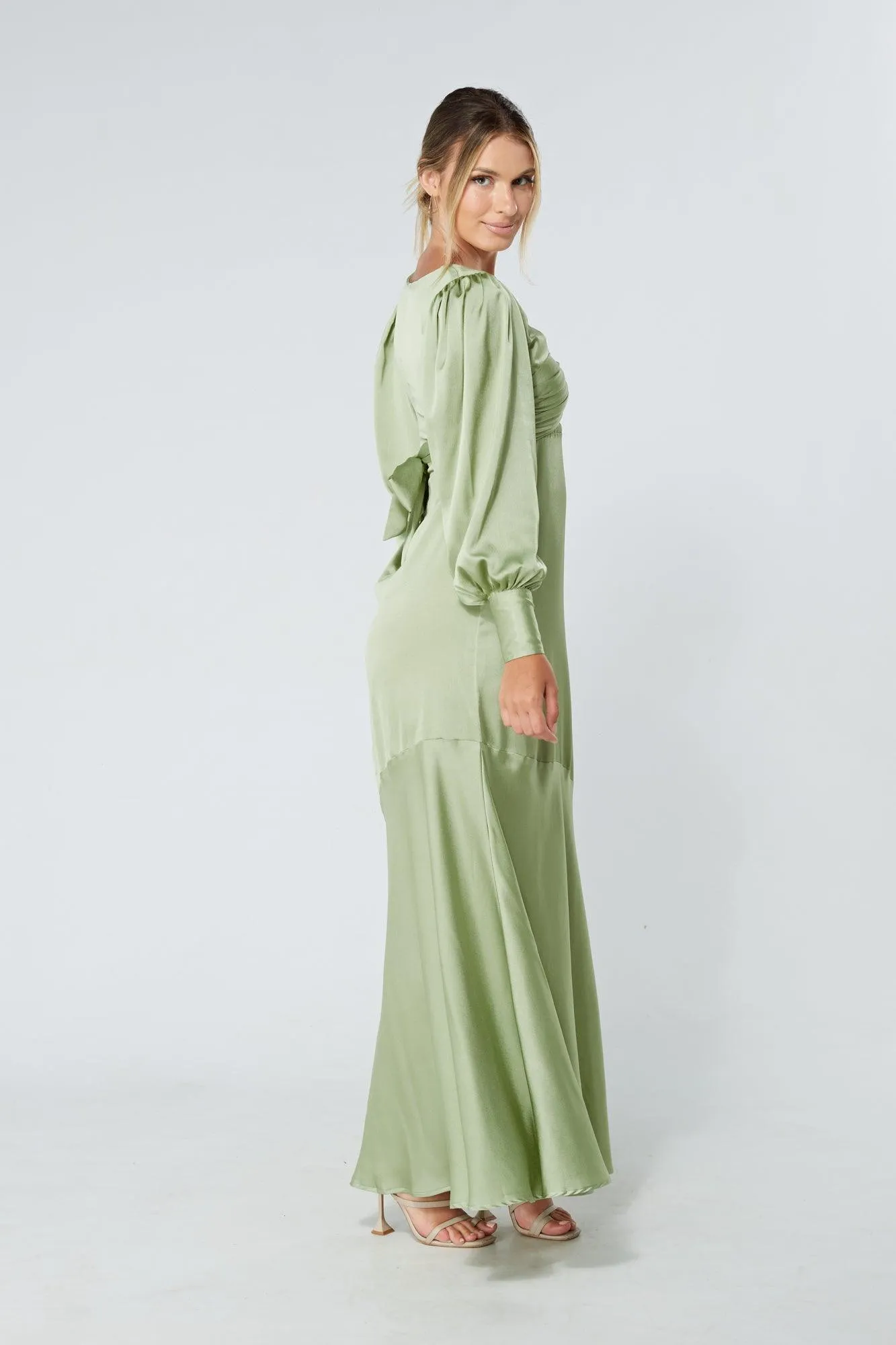 Naomi Olive Green Light Satin-Crepe Maxi Dress With Long Sleeves