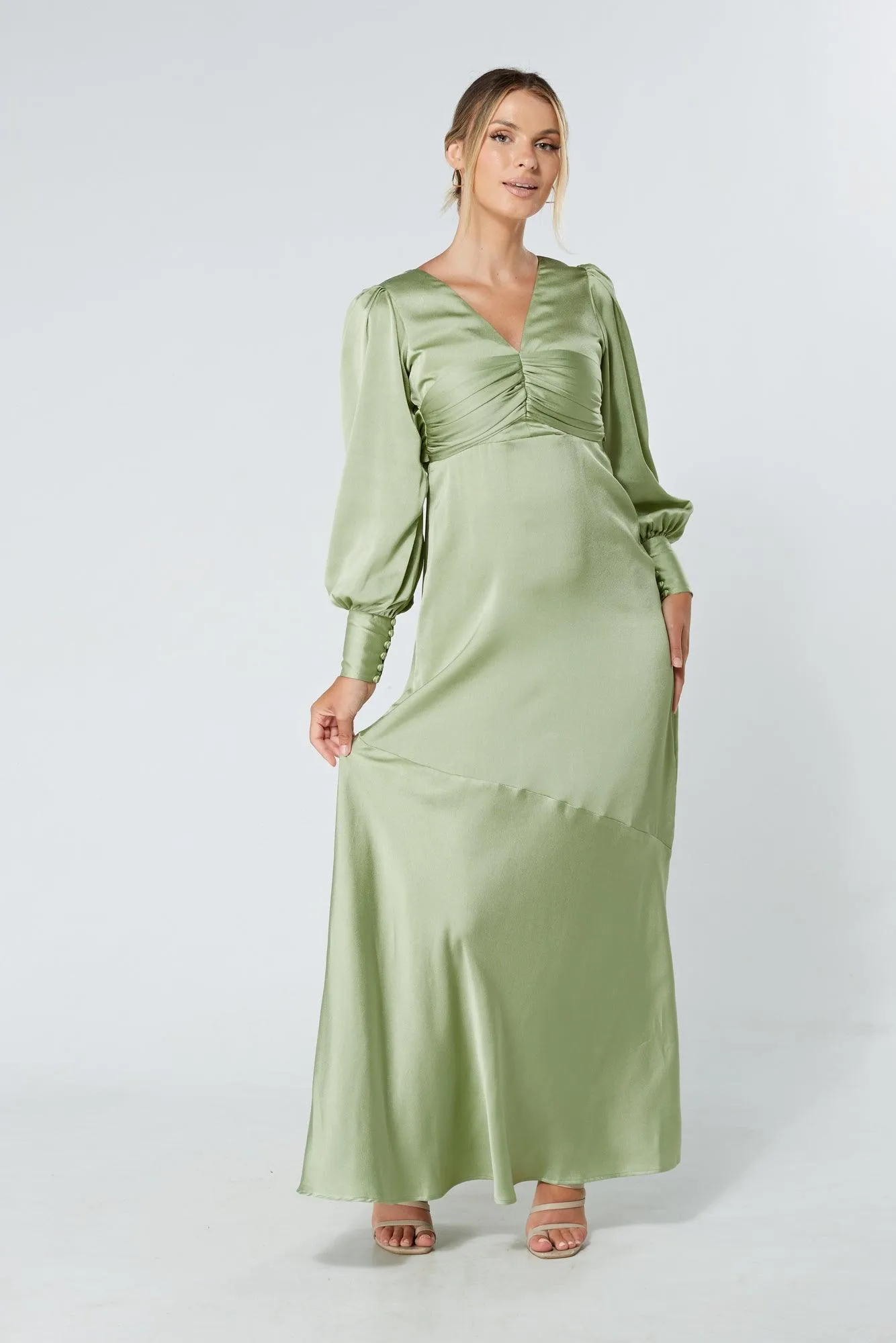Naomi Olive Green Light Satin-Crepe Maxi Dress With Long Sleeves