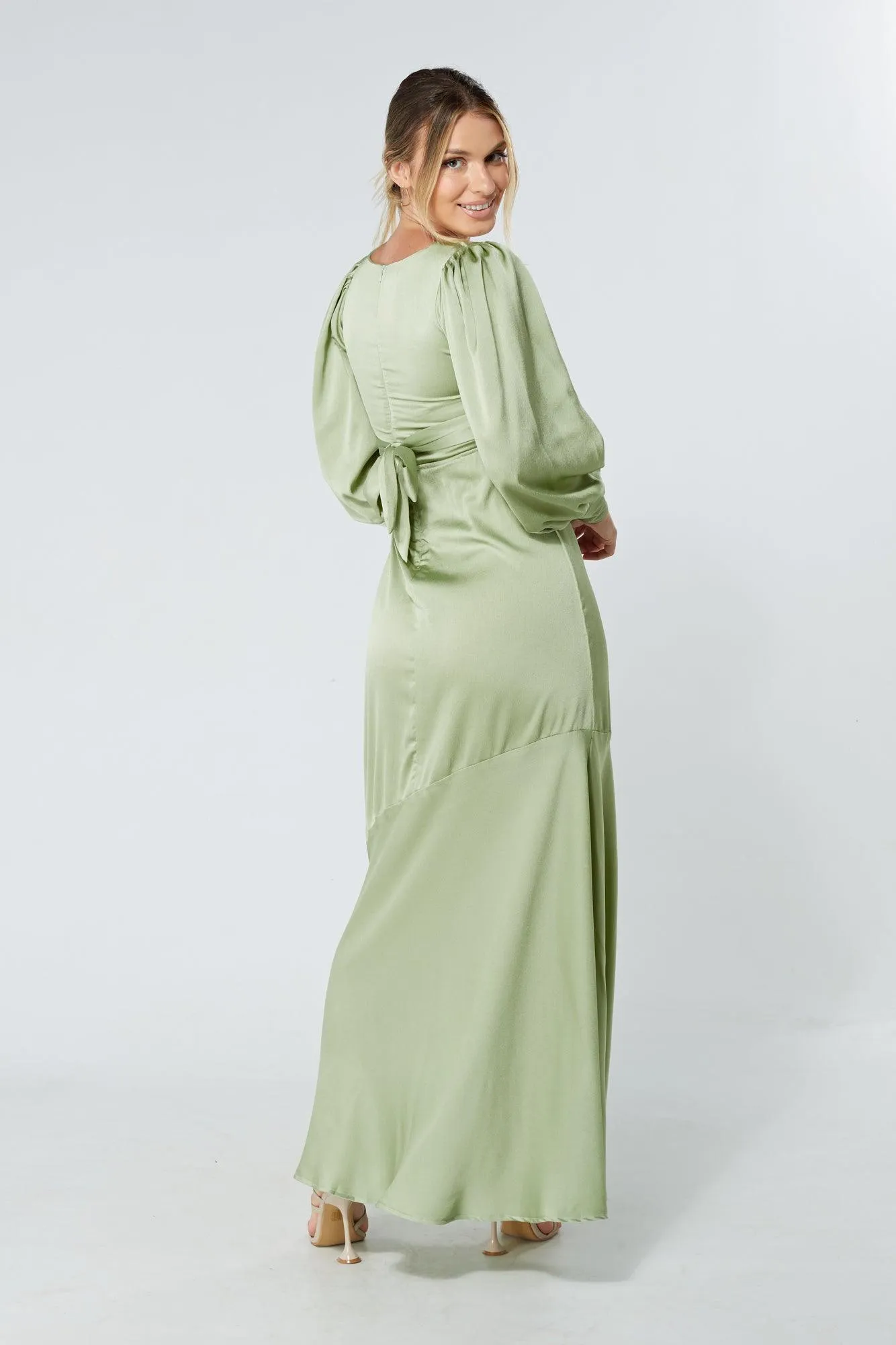 Naomi Olive Green Light Satin-Crepe Maxi Dress With Long Sleeves