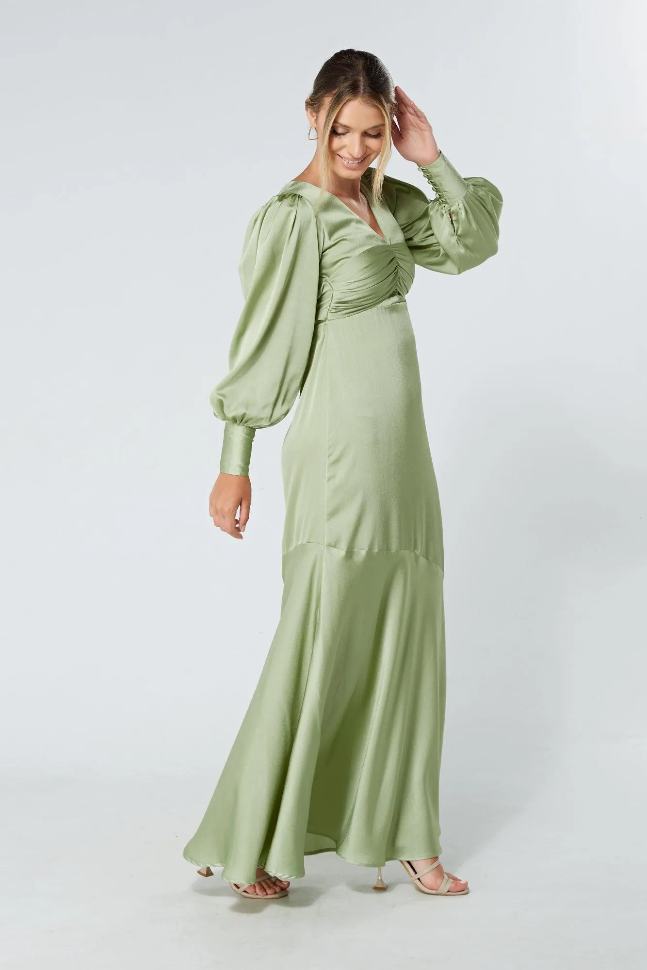 Naomi Olive Green Light Satin-Crepe Maxi Dress With Long Sleeves