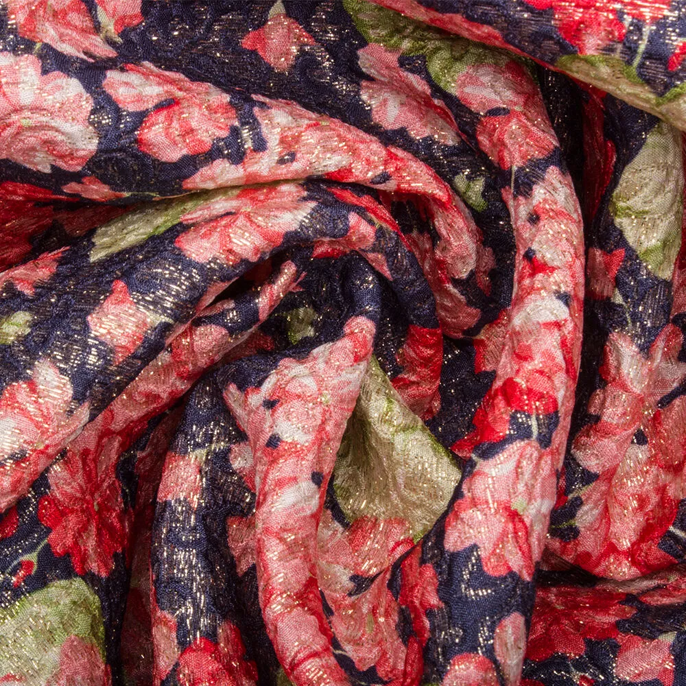 Navy/Pink Floral Metallic Silk Cloqué