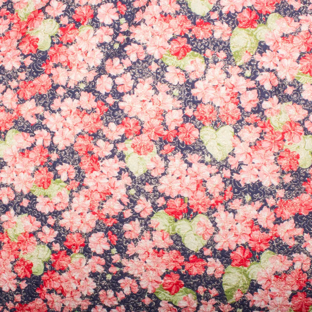 Navy/Pink Floral Metallic Silk Cloqué