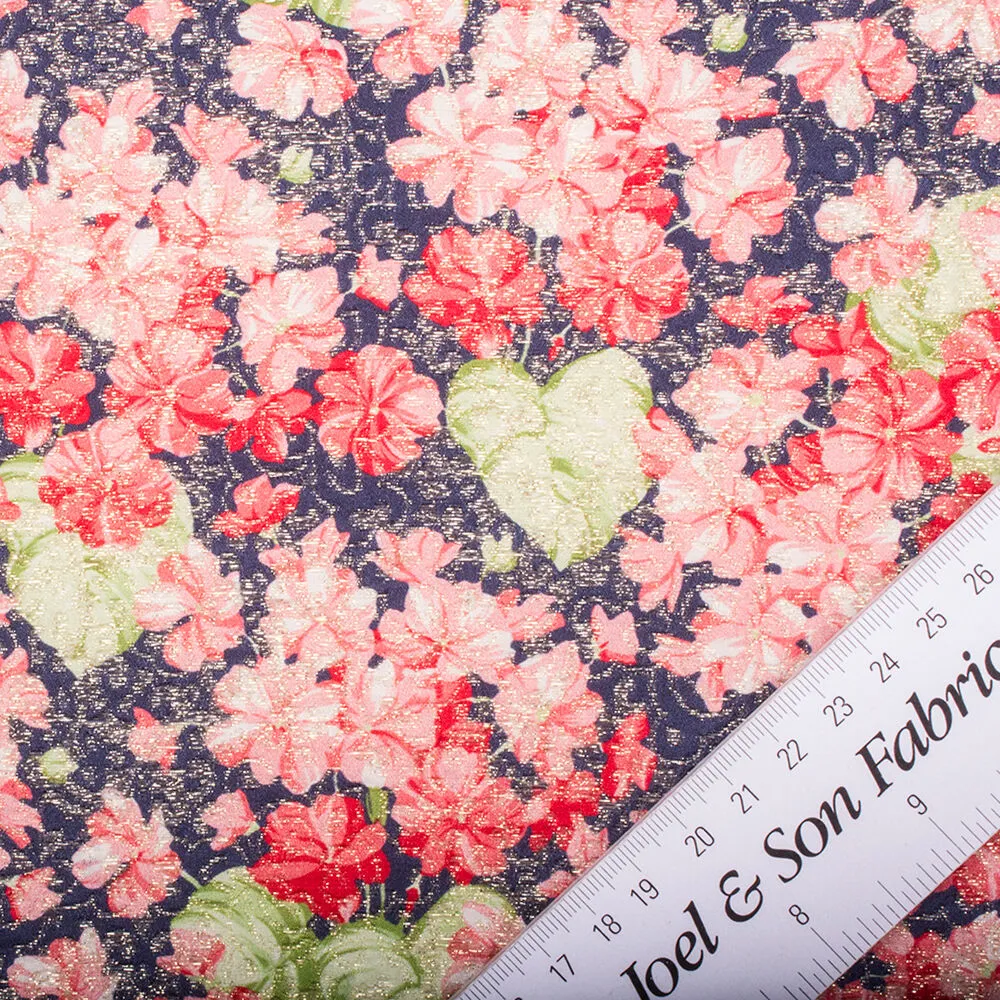 Navy/Pink Floral Metallic Silk Cloqué