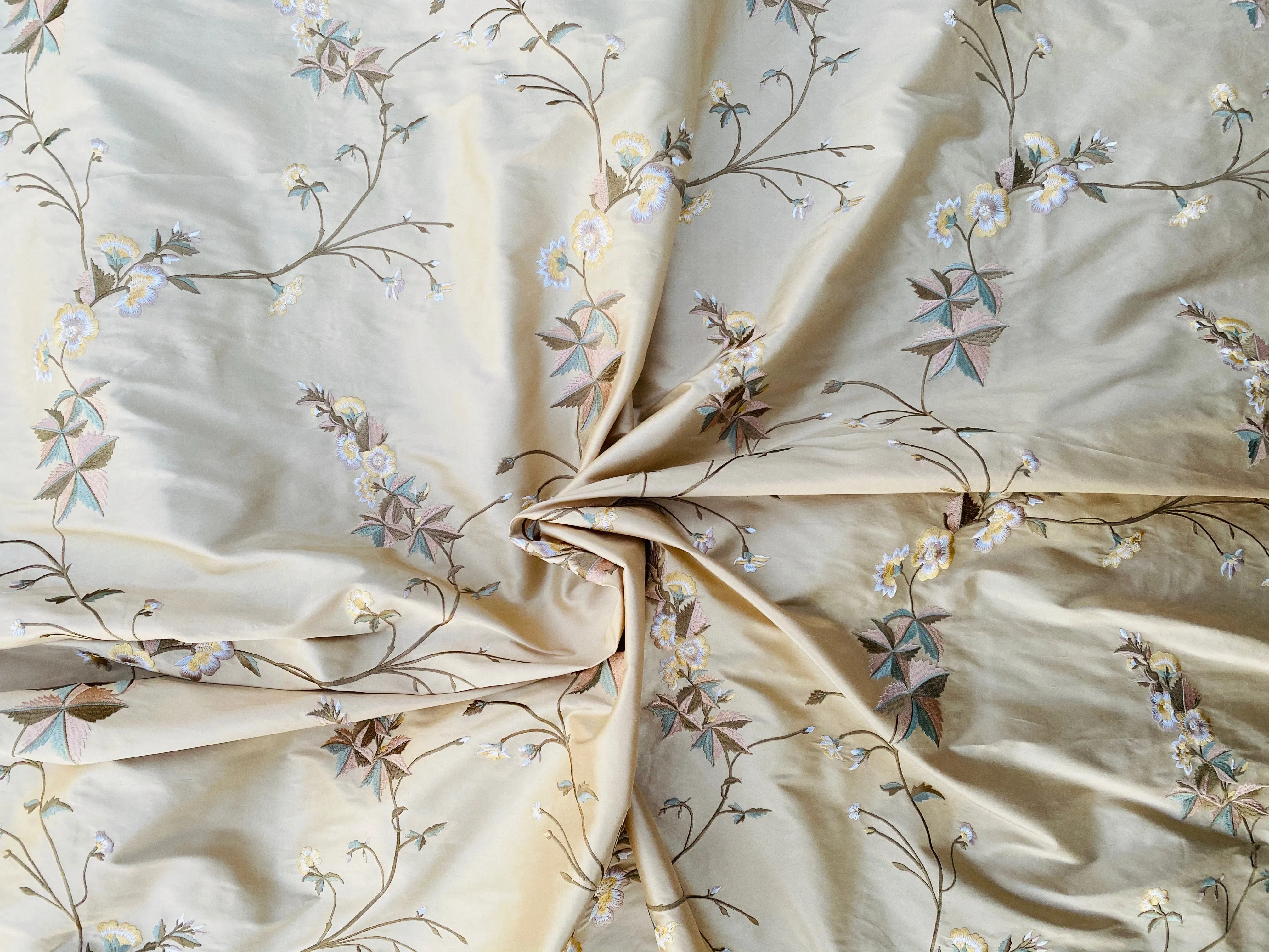 NEW Lady Amanda 100% Silk Dupioni Embroidered Floral Cream Peach & Blue Fabric