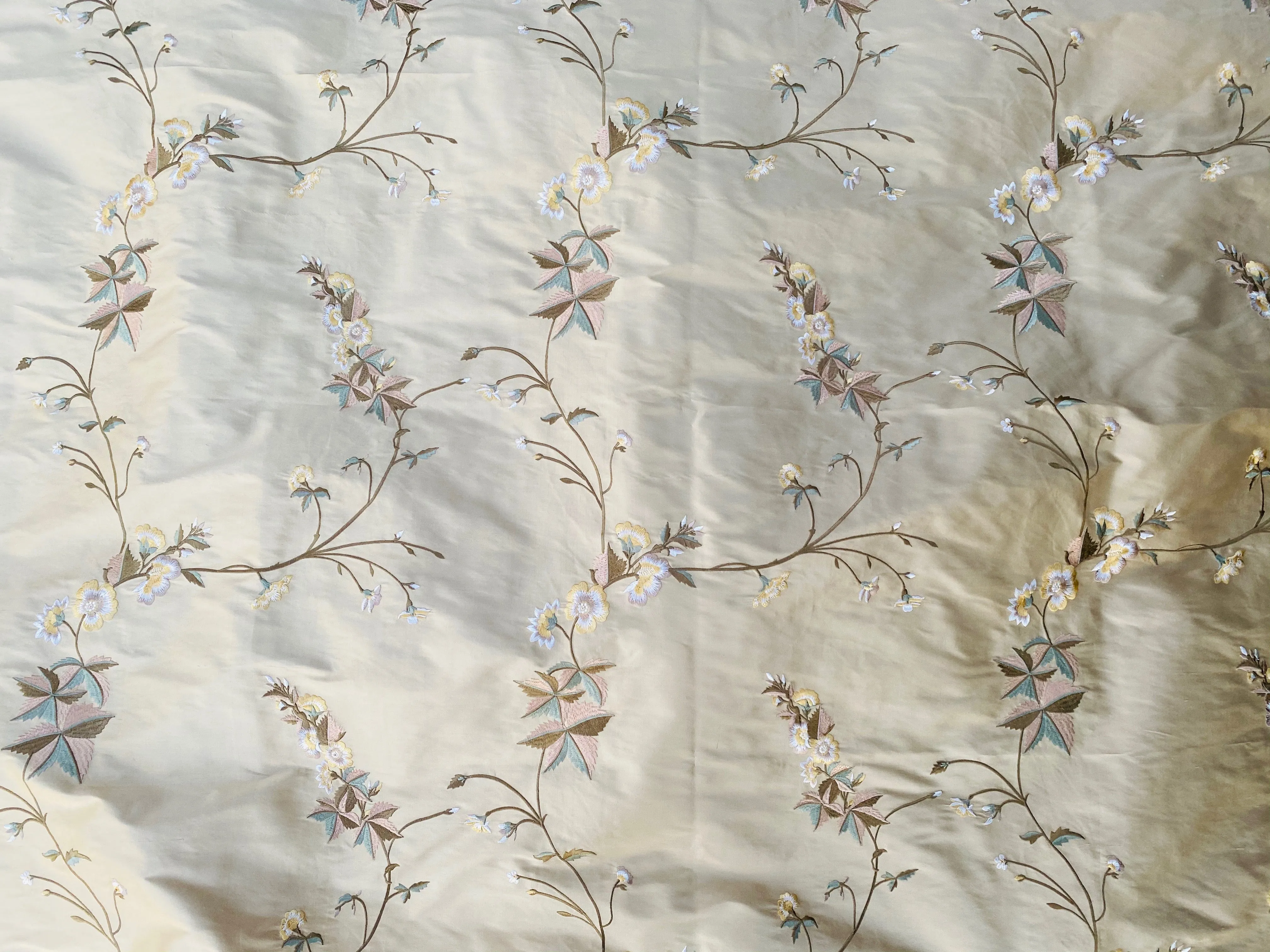 NEW Lady Amanda 100% Silk Dupioni Embroidered Floral Cream Peach & Blue Fabric
