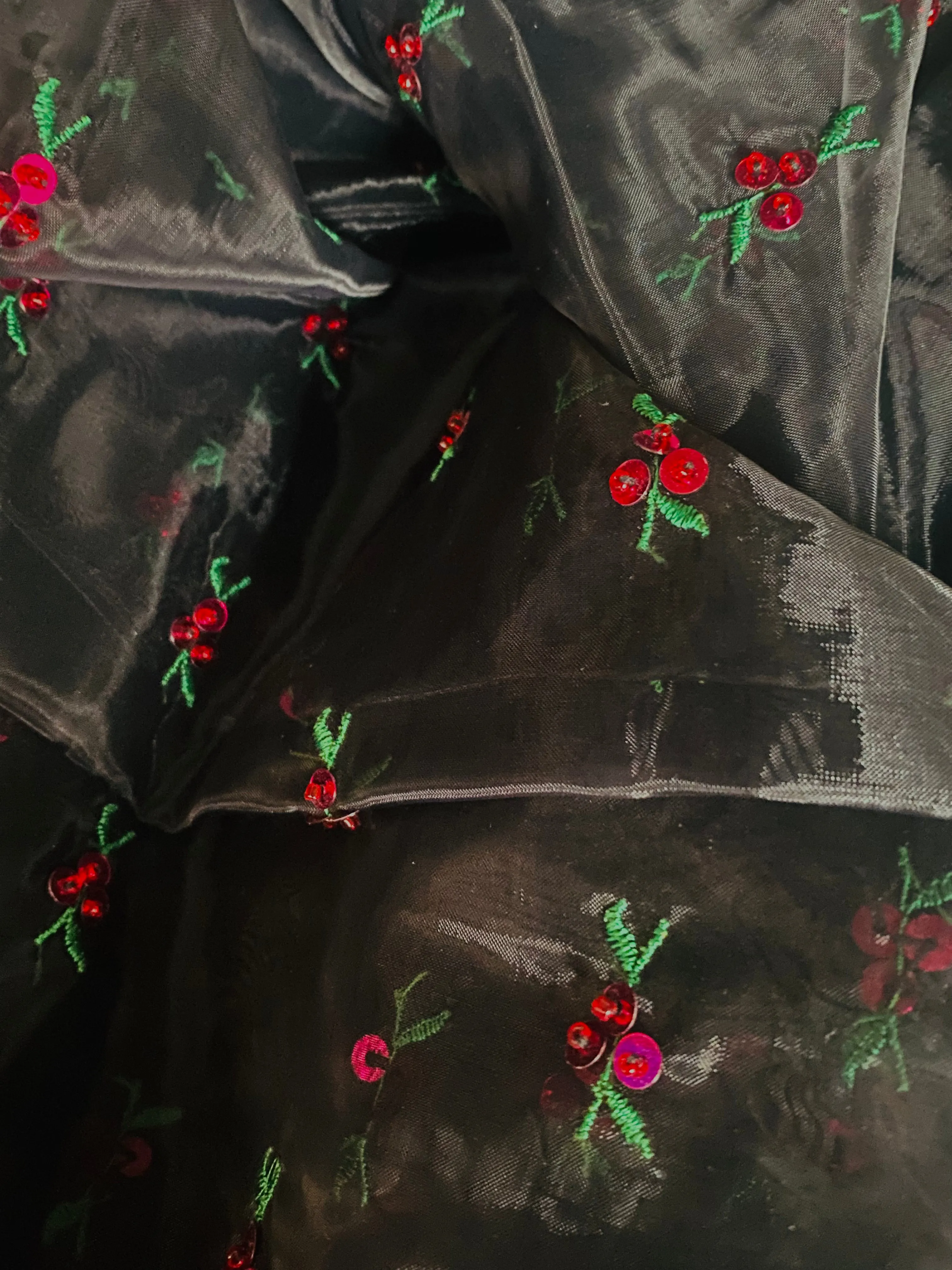 NEW Queen Cherry Beaded Embellished Embroidered Organza Fabric- Black