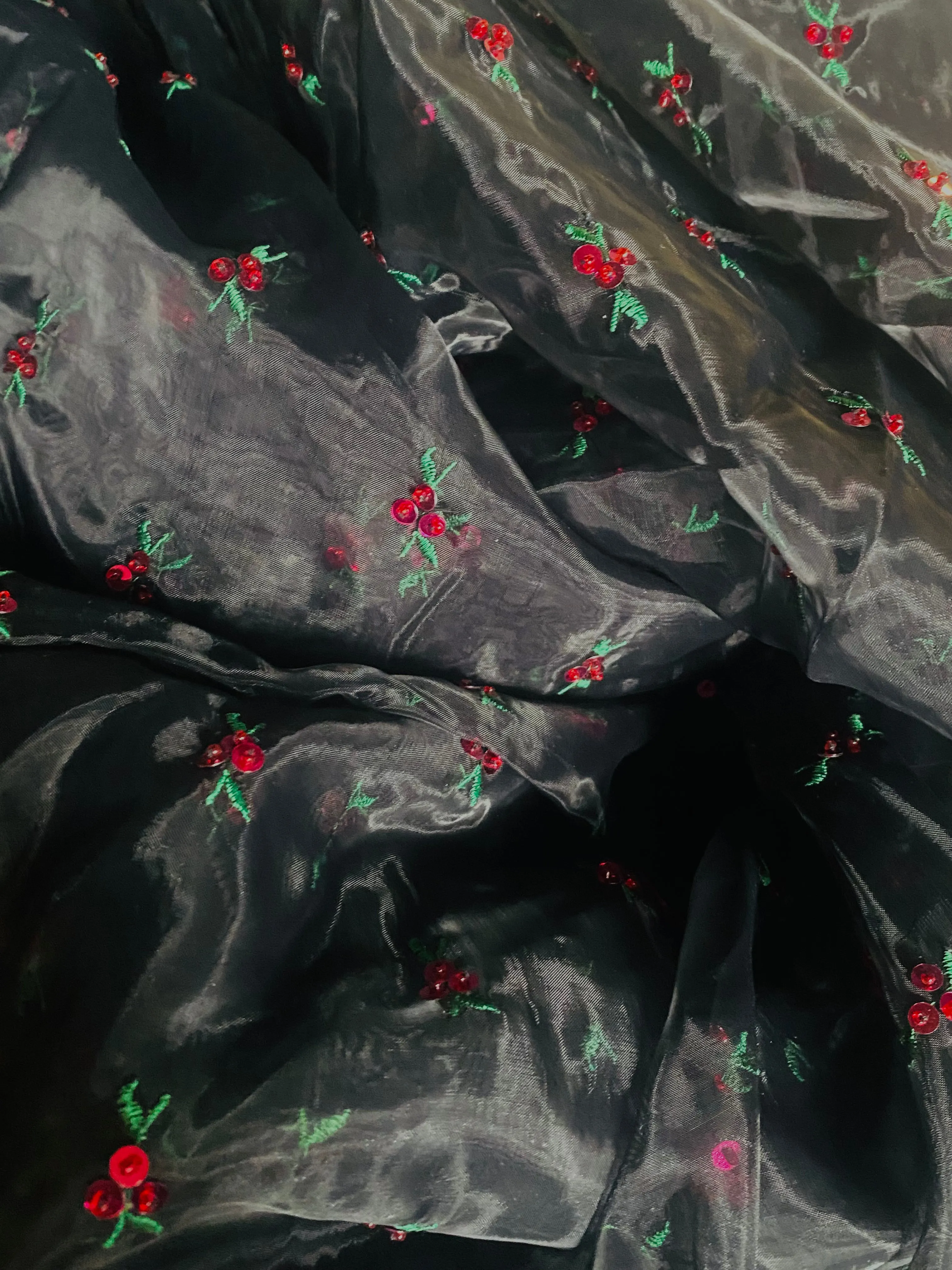 NEW Queen Cherry Beaded Embellished Embroidered Organza Fabric- Black