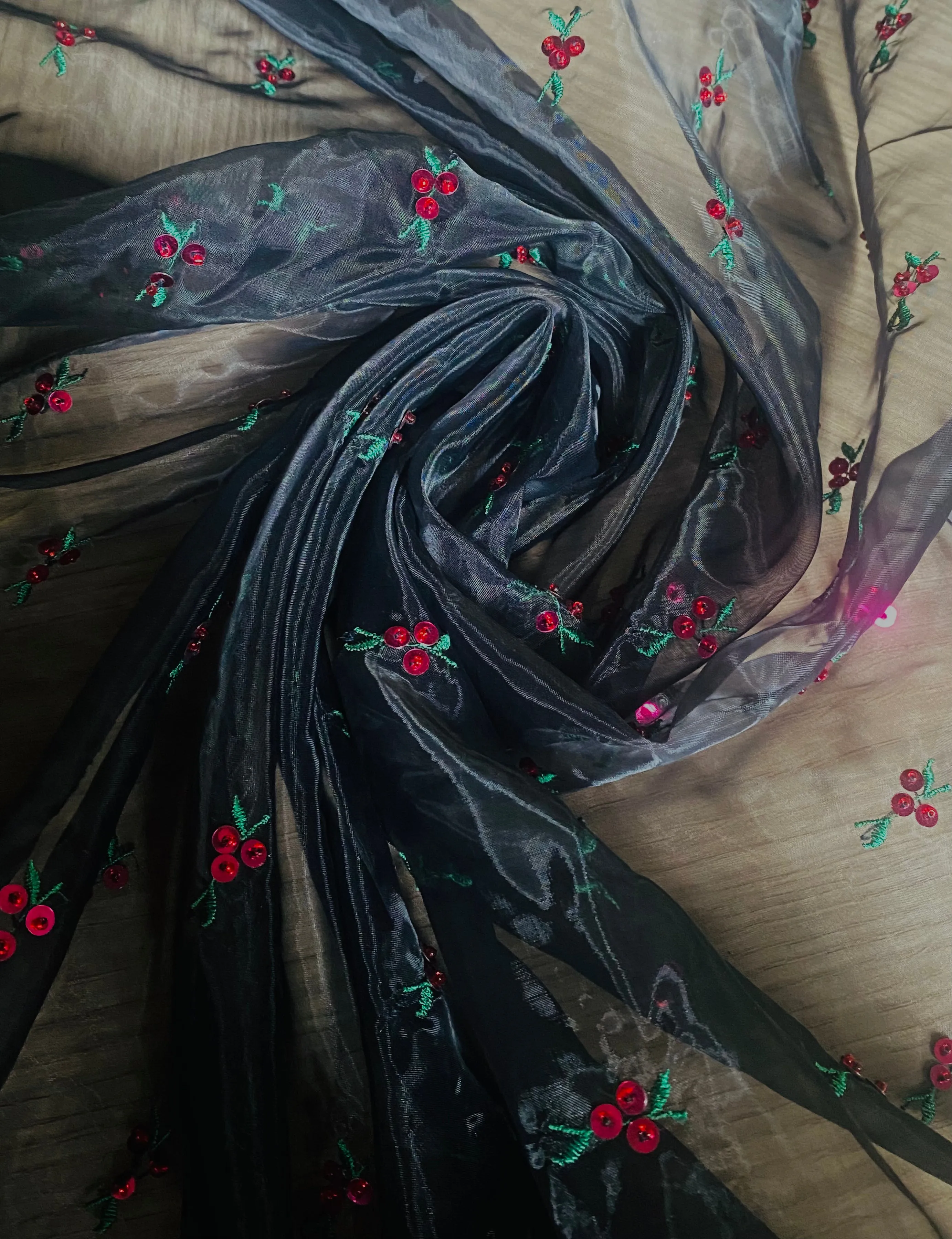 NEW Queen Cherry Beaded Embellished Embroidered Organza Fabric- Black