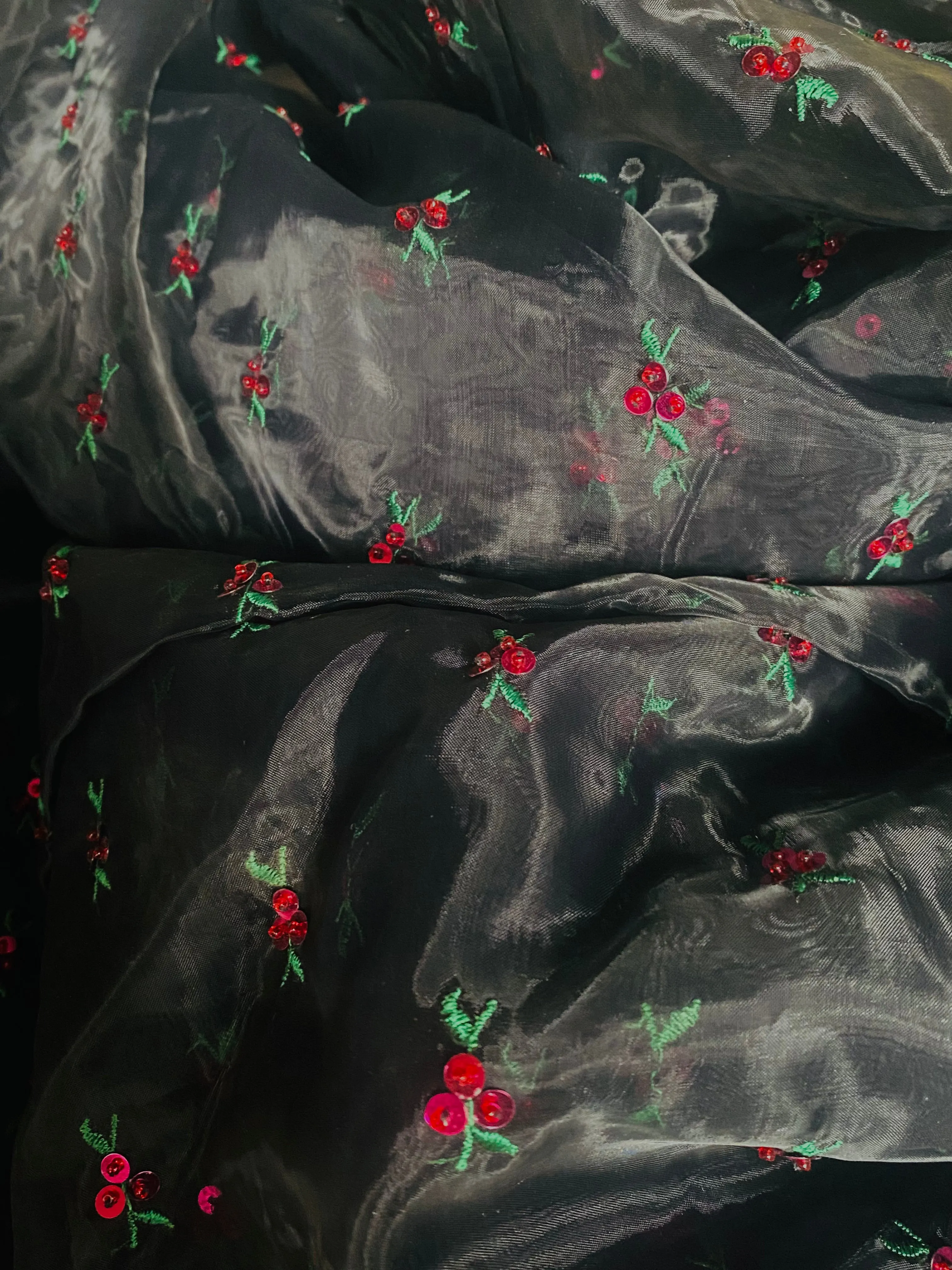 NEW Queen Cherry Beaded Embellished Embroidered Organza Fabric- Black