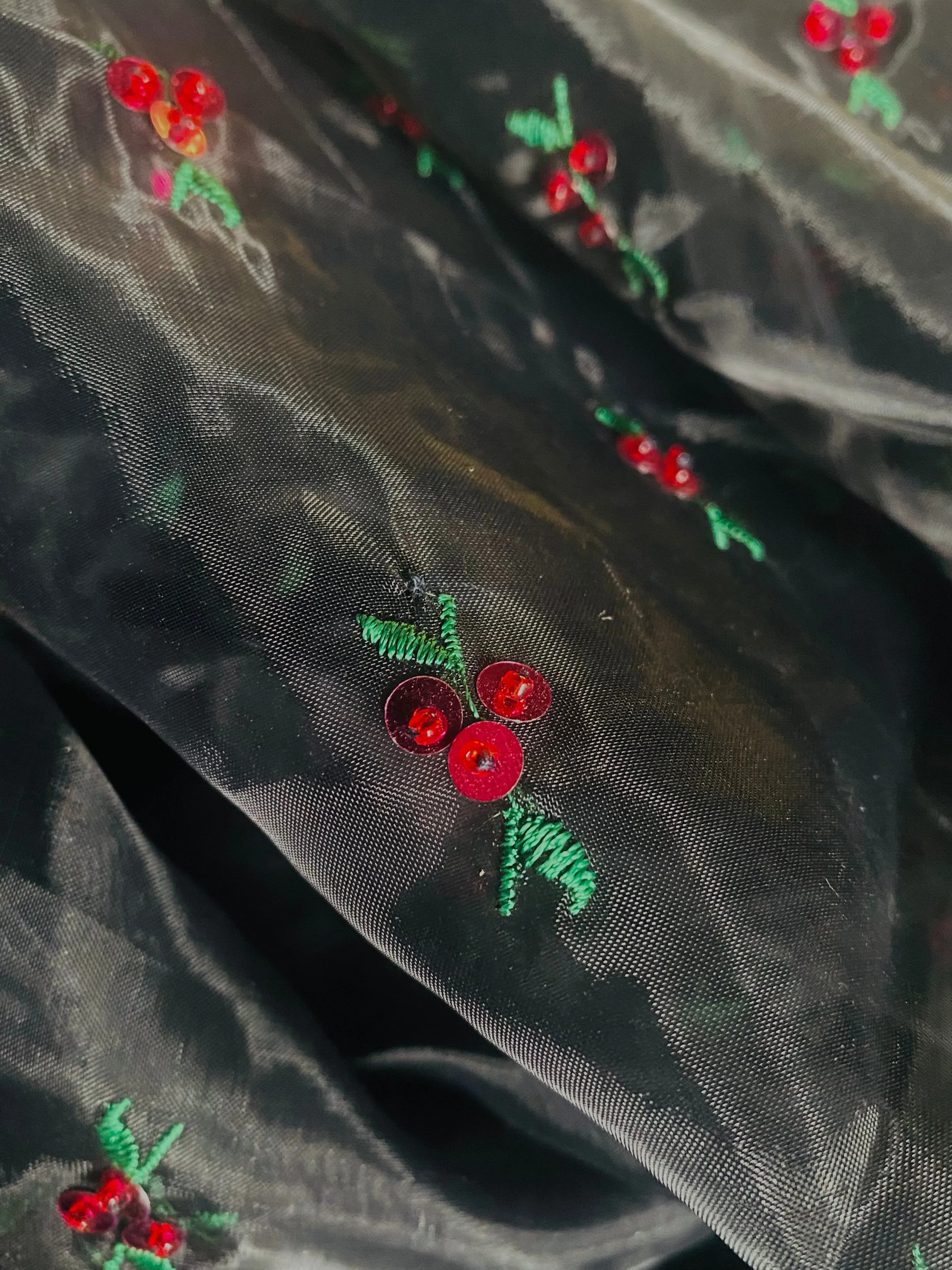 NEW Queen Cherry Beaded Embellished Embroidered Organza Fabric- Black