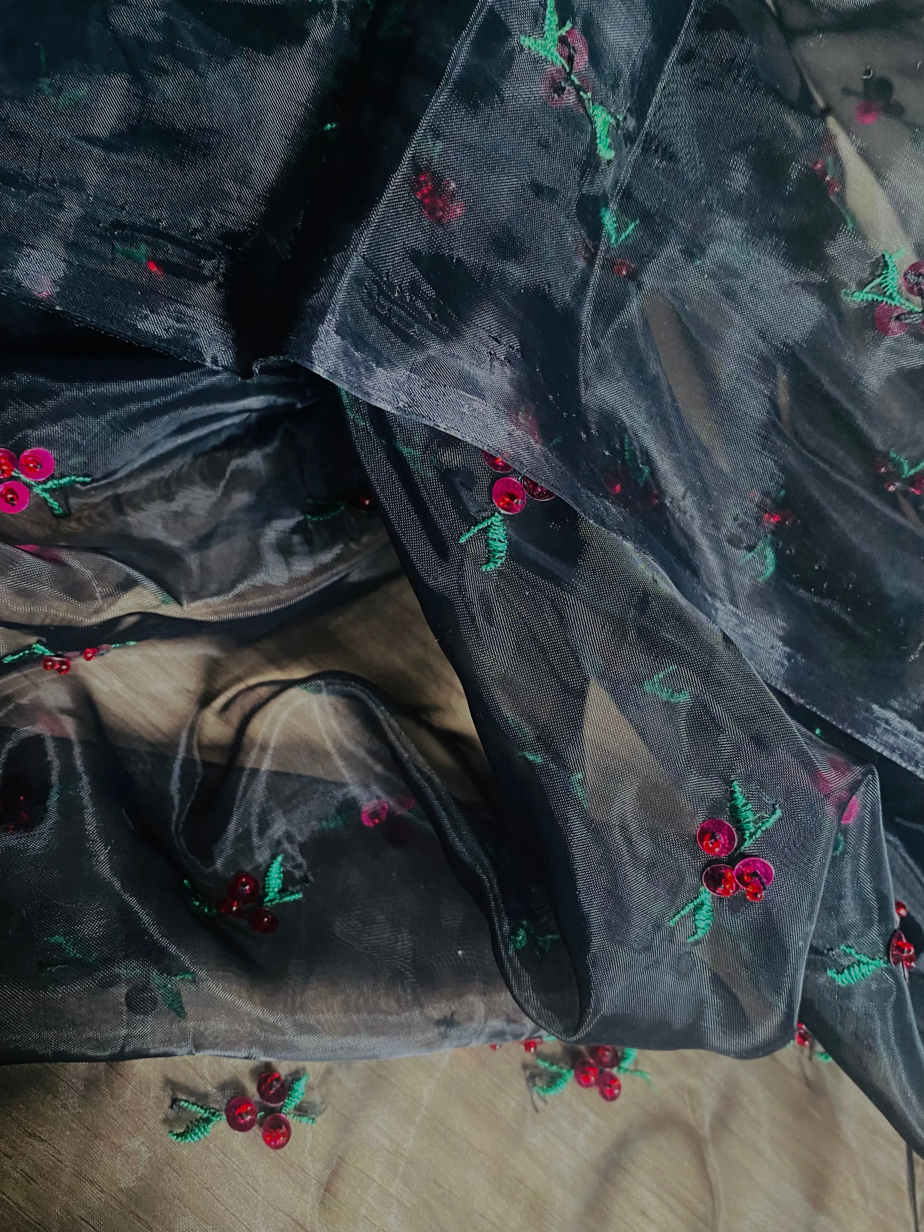 NEW Queen Cherry Beaded Embellished Embroidered Organza Fabric- Black