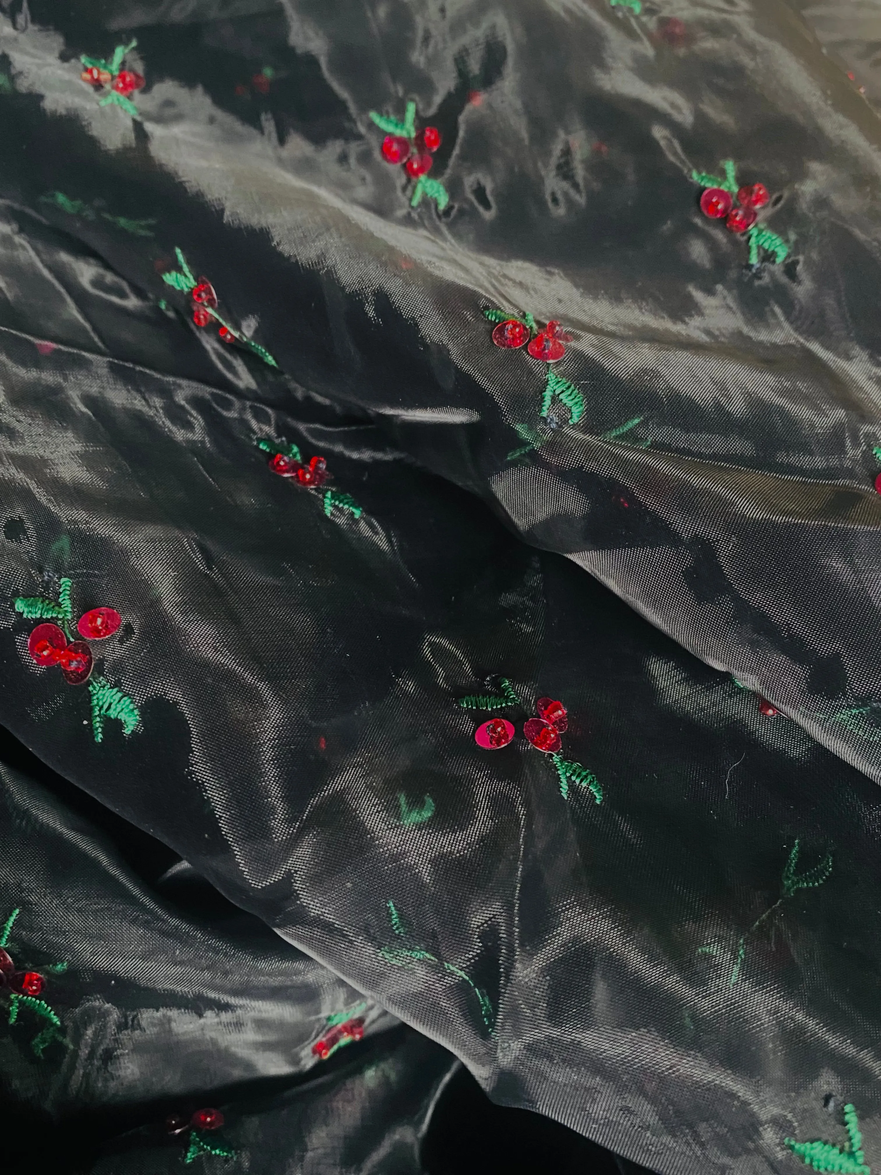 NEW Queen Cherry Beaded Embellished Embroidered Organza Fabric- Black