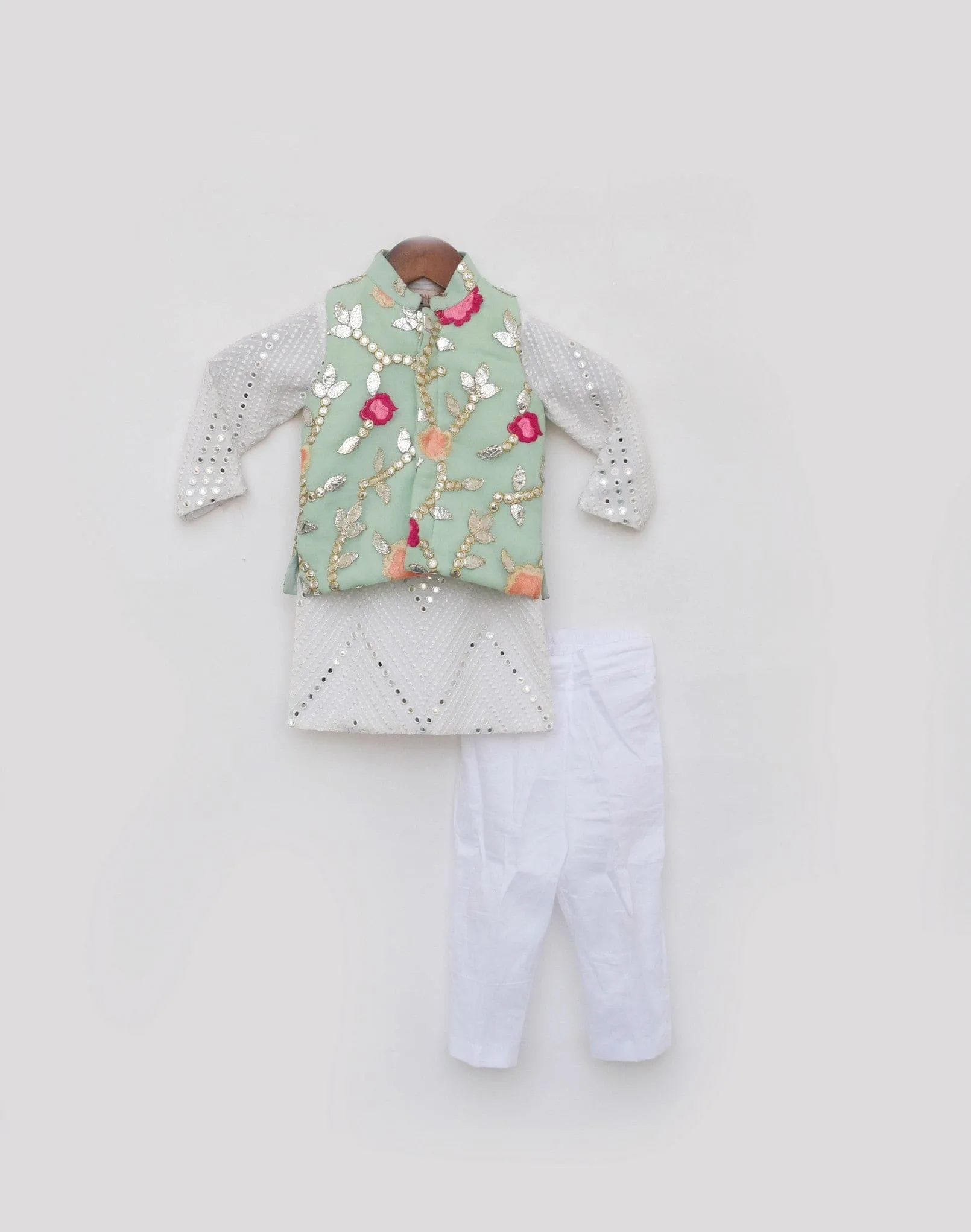Pre Order: Pista Green Gotta Embroidery Jacket And White Mirror Kurta Pant