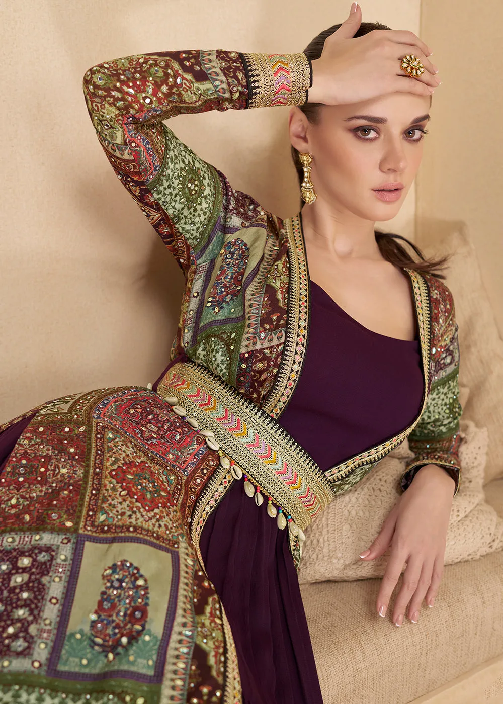 Purple Embroidered Georgette Shrug Style Anarkali Suit