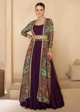 Purple Embroidered Georgette Shrug Style Anarkali Suit
