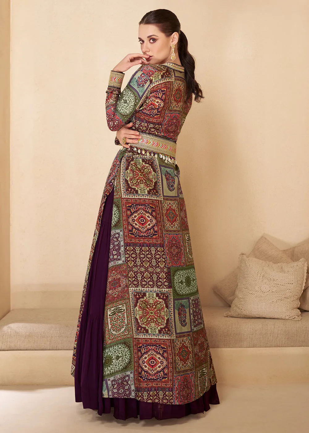 Purple Embroidered Georgette Shrug Style Anarkali Suit