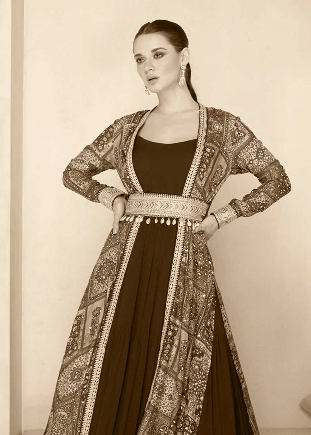 Purple Embroidered Georgette Shrug Style Anarkali Suit