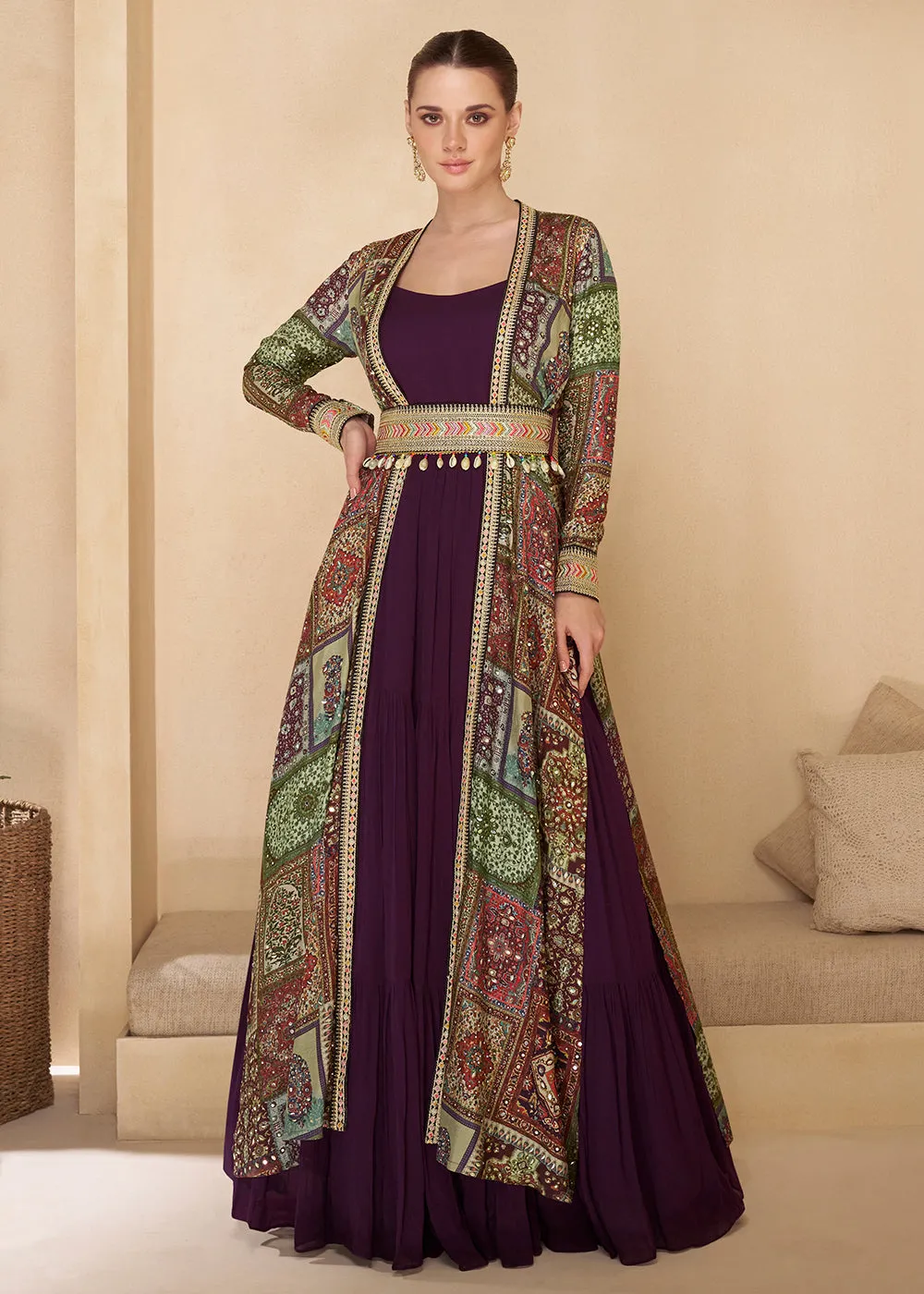 Purple Embroidered Georgette Shrug Style Anarkali Suit