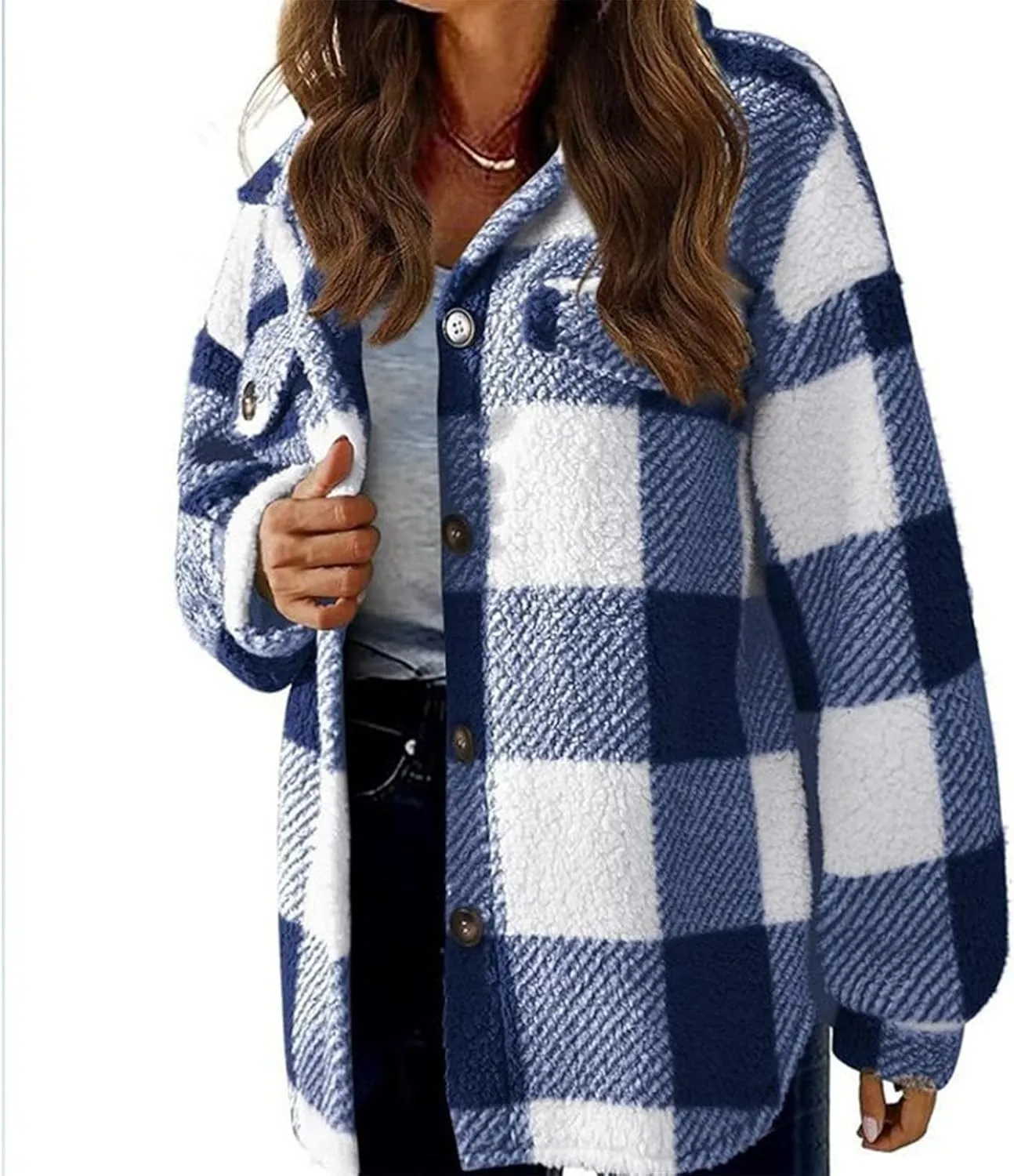 Sherpa Jacket Women Oversized Long Sleeve Furry Fleece Shacket Jackets Trendy Draped Plaid Button Down Winter Coats