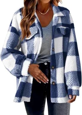 Sherpa Jacket Women Oversized Long Sleeve Furry Fleece Shacket Jackets Trendy Draped Plaid Button Down Winter Coats