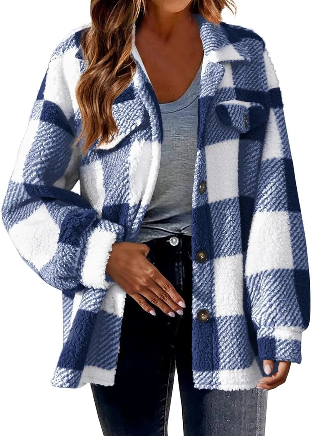 Sherpa Jacket Women Oversized Long Sleeve Furry Fleece Shacket Jackets Trendy Draped Plaid Button Down Winter Coats