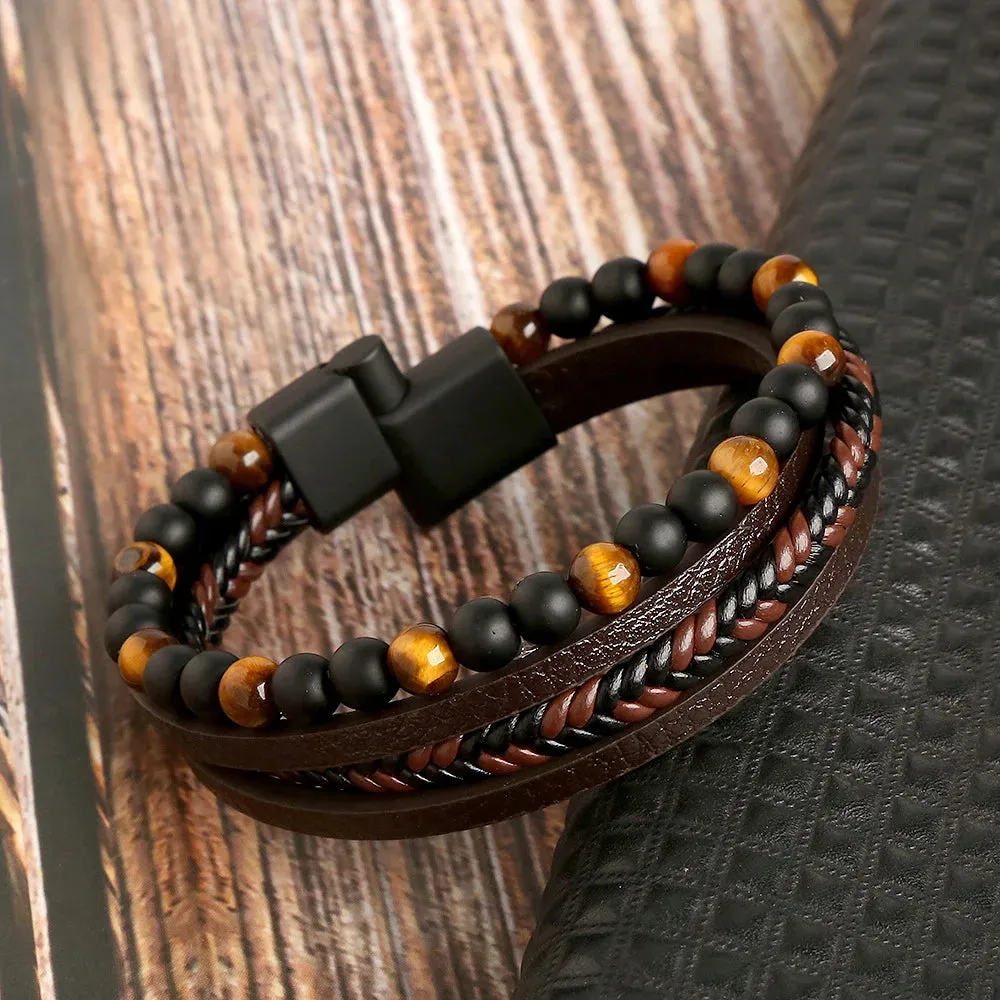 Tiger Eye Matte Black Onyx Leather Beaded Bracelet Men's
