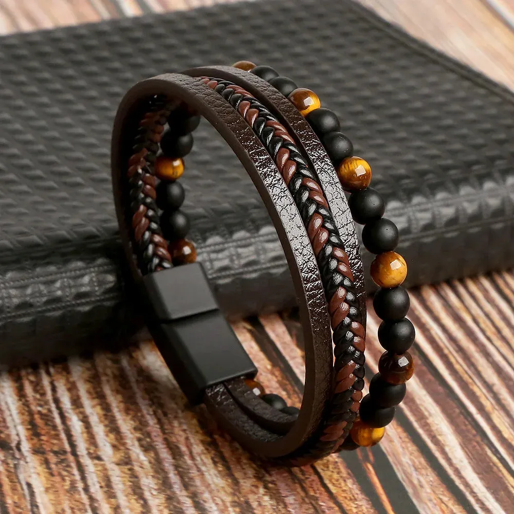 Tiger Eye Matte Black Onyx Leather Beaded Bracelet Men's