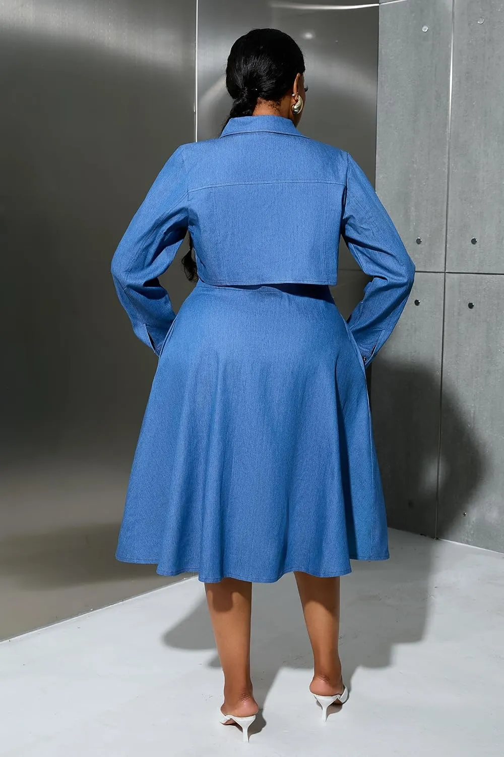 VERWIN Plus Size Two Pieces Denim Dress with Jackets Midi Dress Button Down Party Long Sleeve Shirt Dress Outfits
