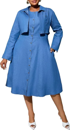 VERWIN Plus Size Two Pieces Denim Dress with Jackets Midi Dress Button Down Party Long Sleeve Shirt Dress Outfits