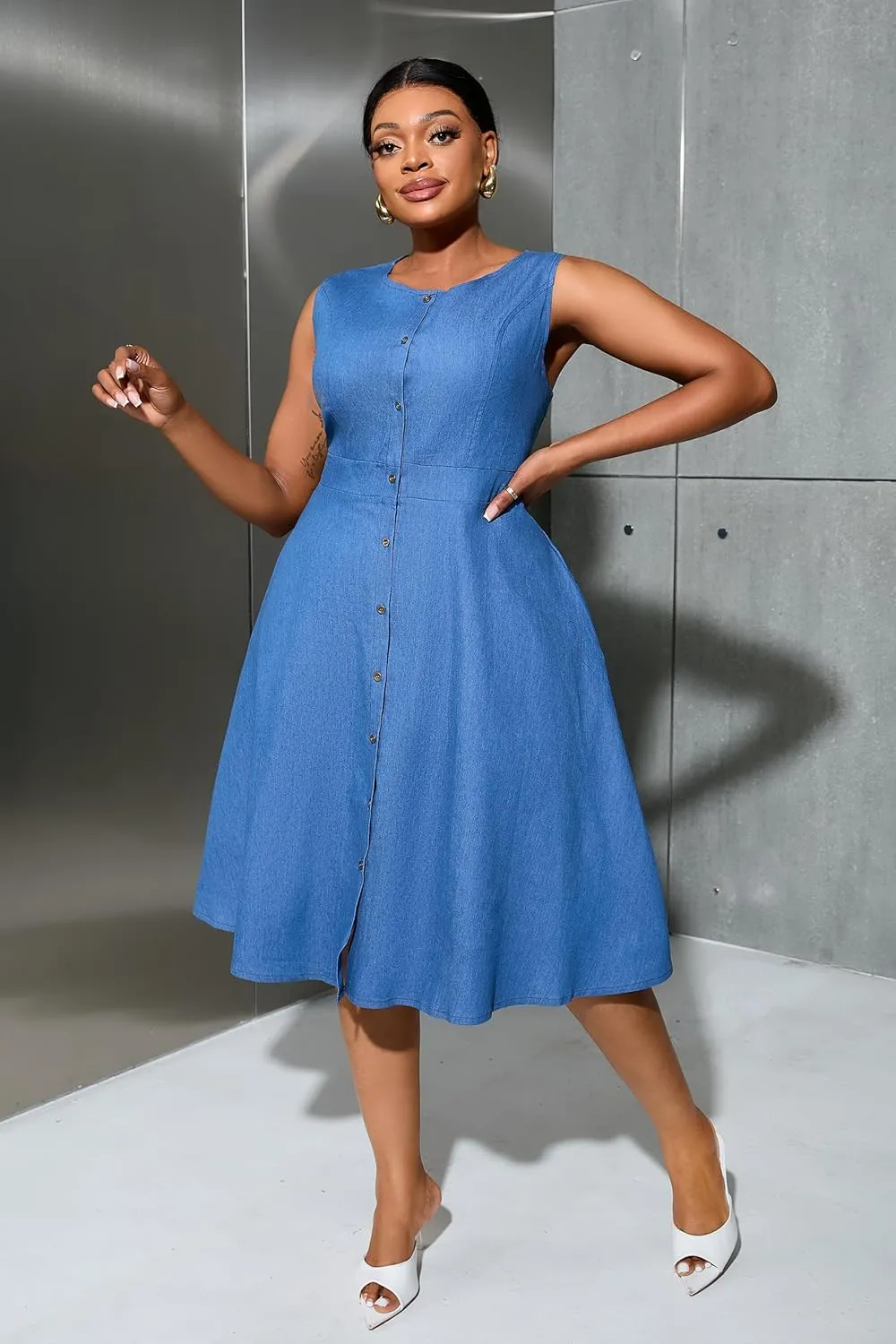 VERWIN Plus Size Two Pieces Denim Dress with Jackets Midi Dress Button Down Party Long Sleeve Shirt Dress Outfits