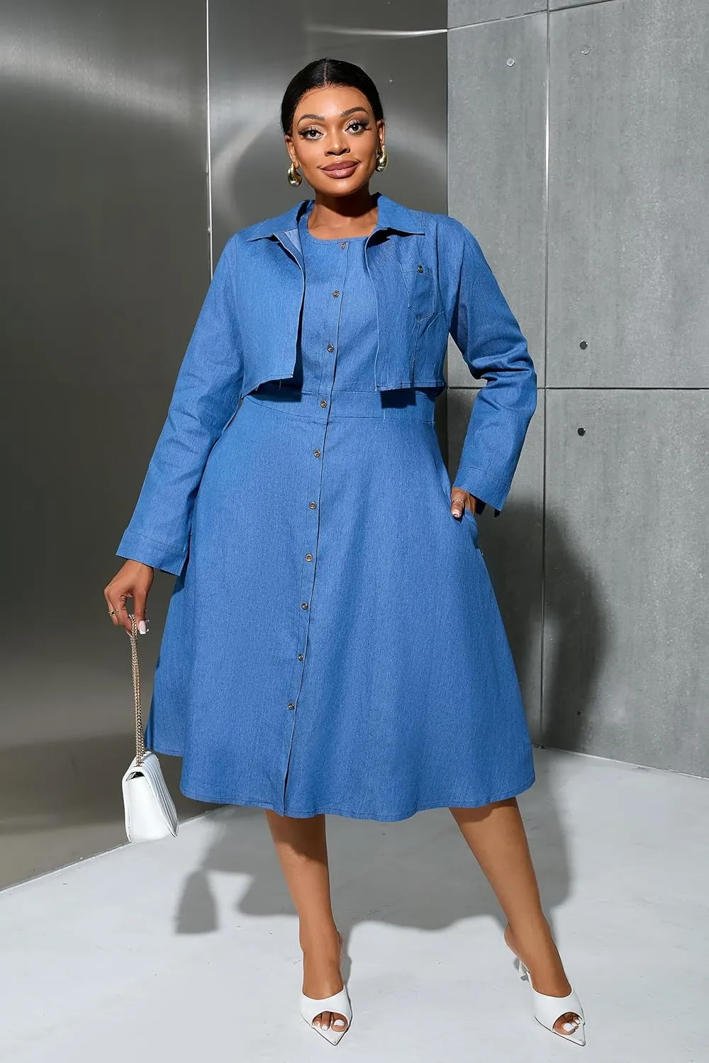 VERWIN Plus Size Two Pieces Denim Dress with Jackets Midi Dress Button Down Party Long Sleeve Shirt Dress Outfits