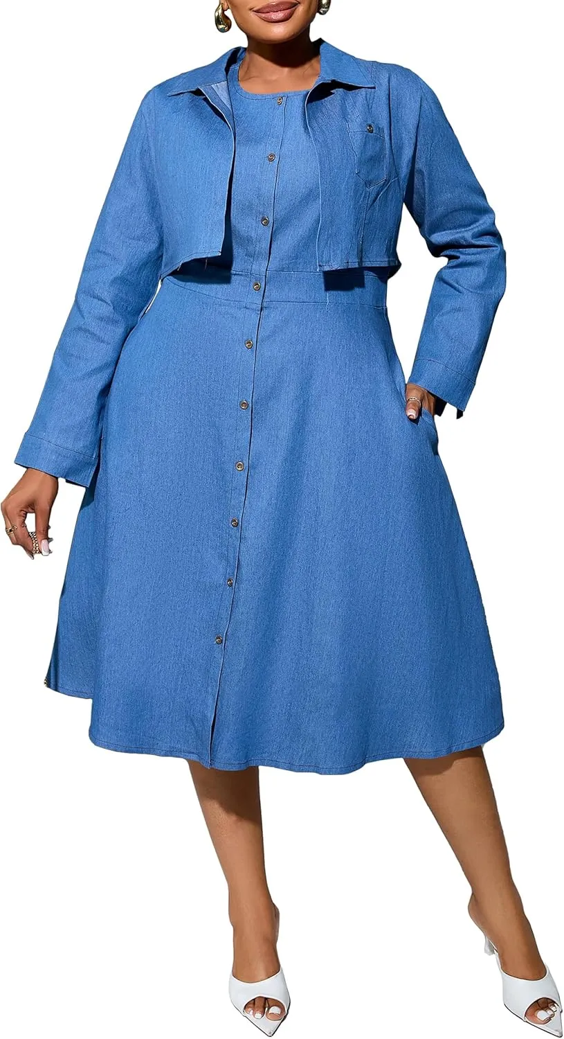 VERWIN Plus Size Two Pieces Denim Dress with Jackets Midi Dress Button Down Party Long Sleeve Shirt Dress Outfits