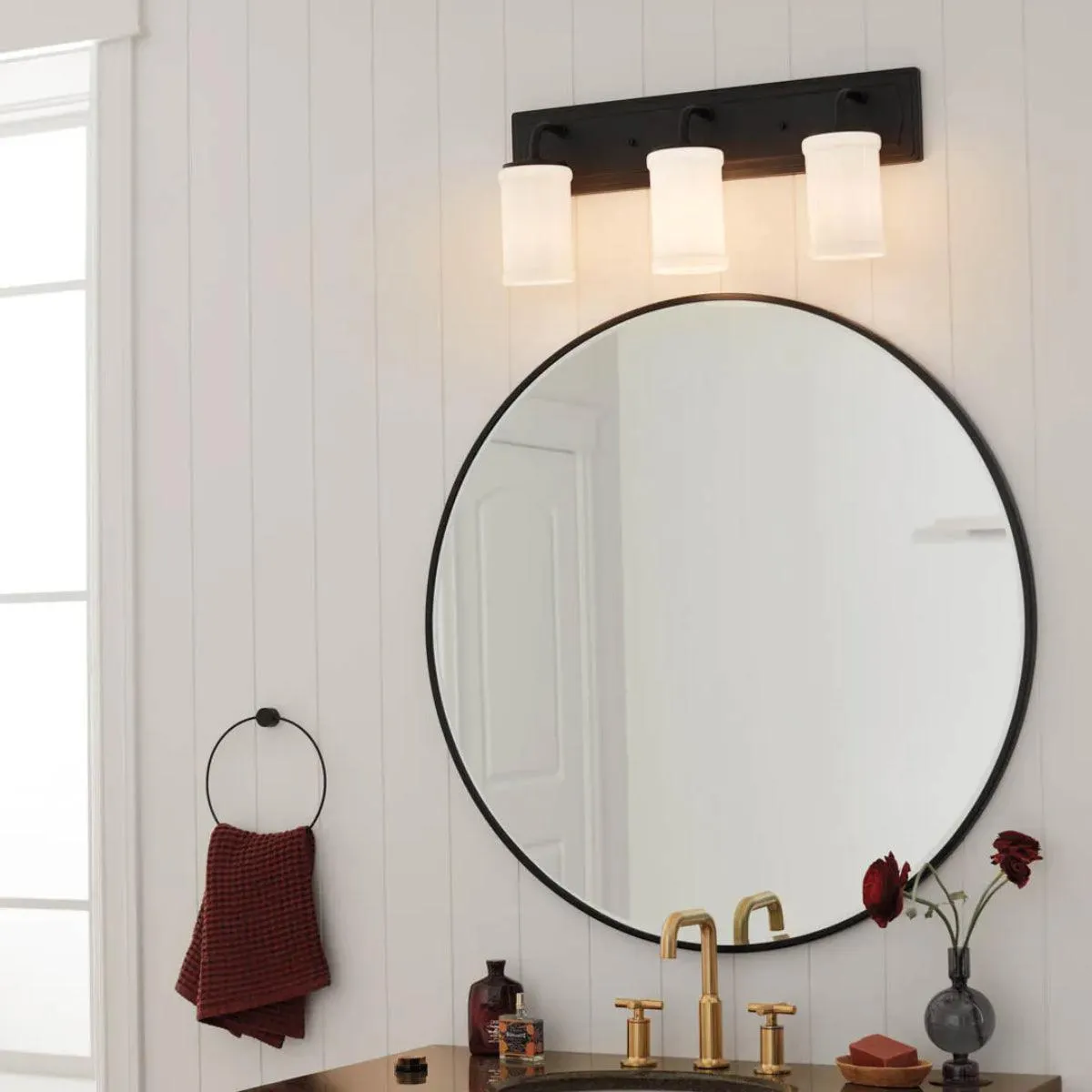 Vetivene 24 In 3-Lights Bathroom Vanity Light With Opal Glass, Black Finish