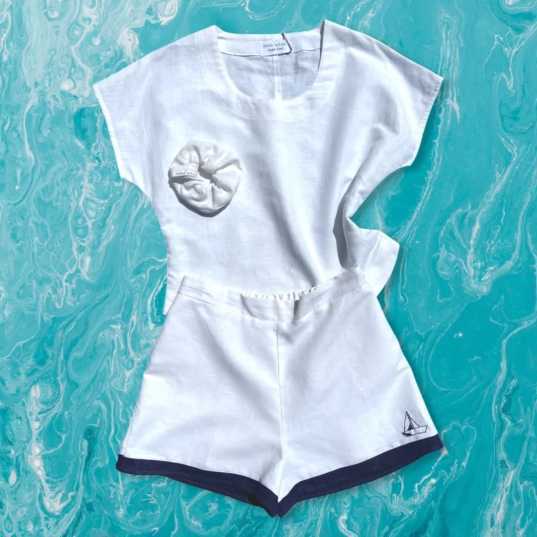 White Linen High Waisted Shorts with Hand Embroidered Sailboat Detail