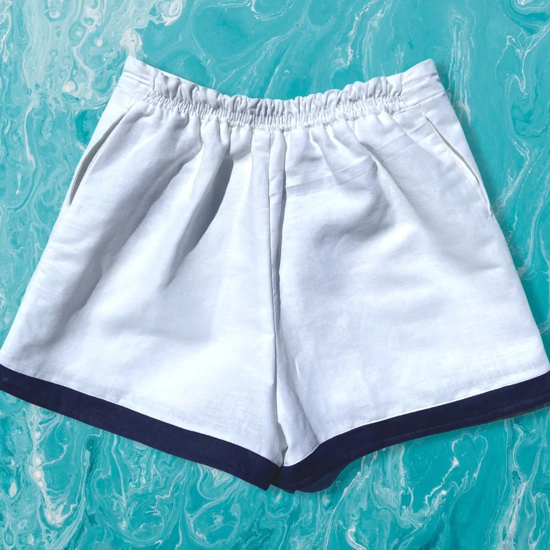 White Linen High Waisted Shorts with Hand Embroidered Sailboat Detail